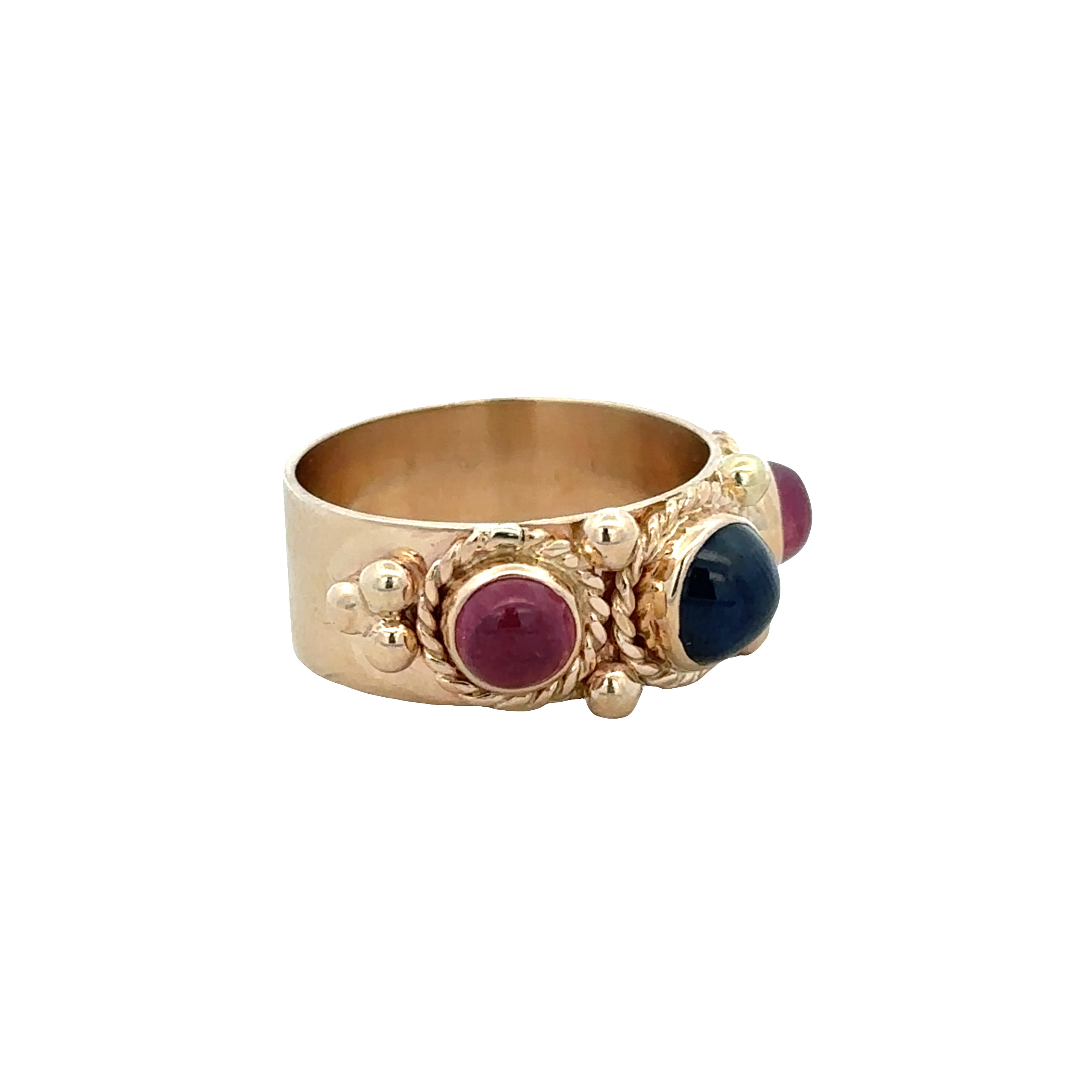 14k Yellow Gold Sapphire & Ruby Cabochon Band Ring – Size 6.5