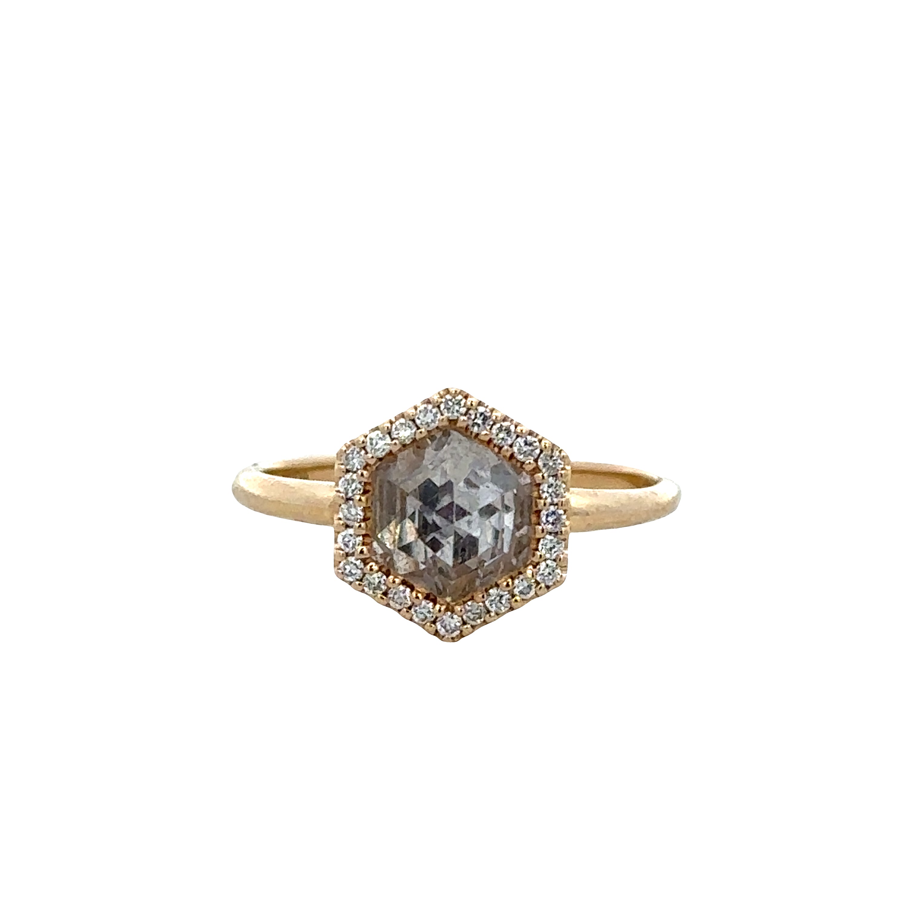 14k Yellow Gold White Quartz & Diamond Hexagonal Ring – Size 6.5