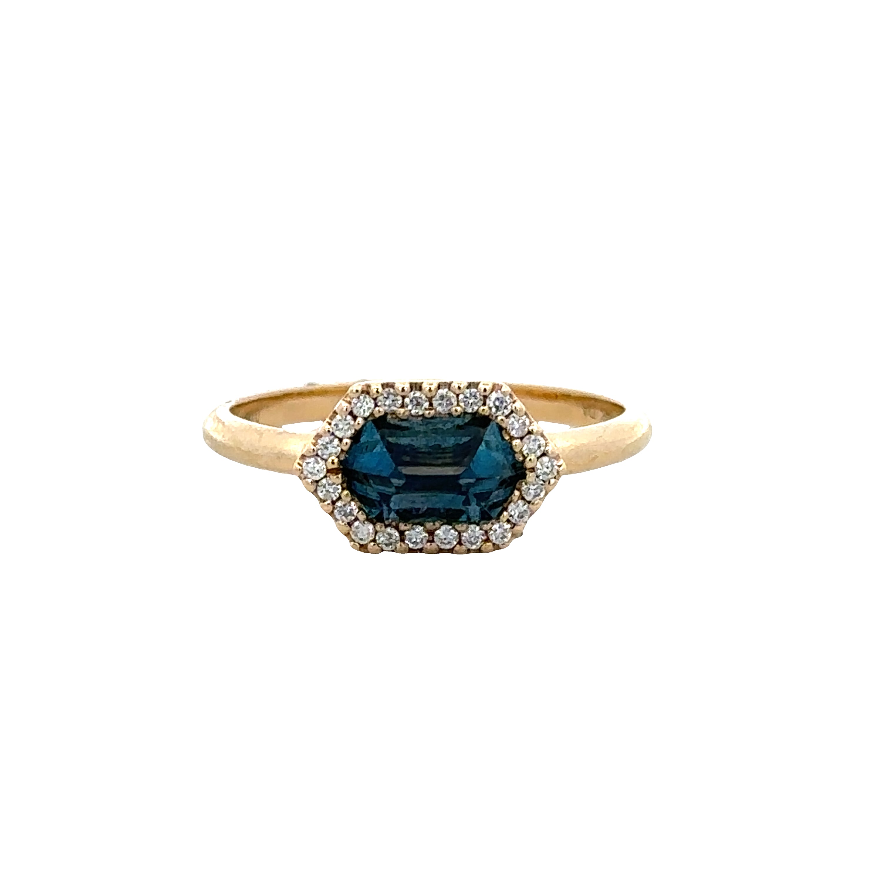 14k Yellow Gold Blue Topaz & Diamond Hexagonal Ring – Size 6.75