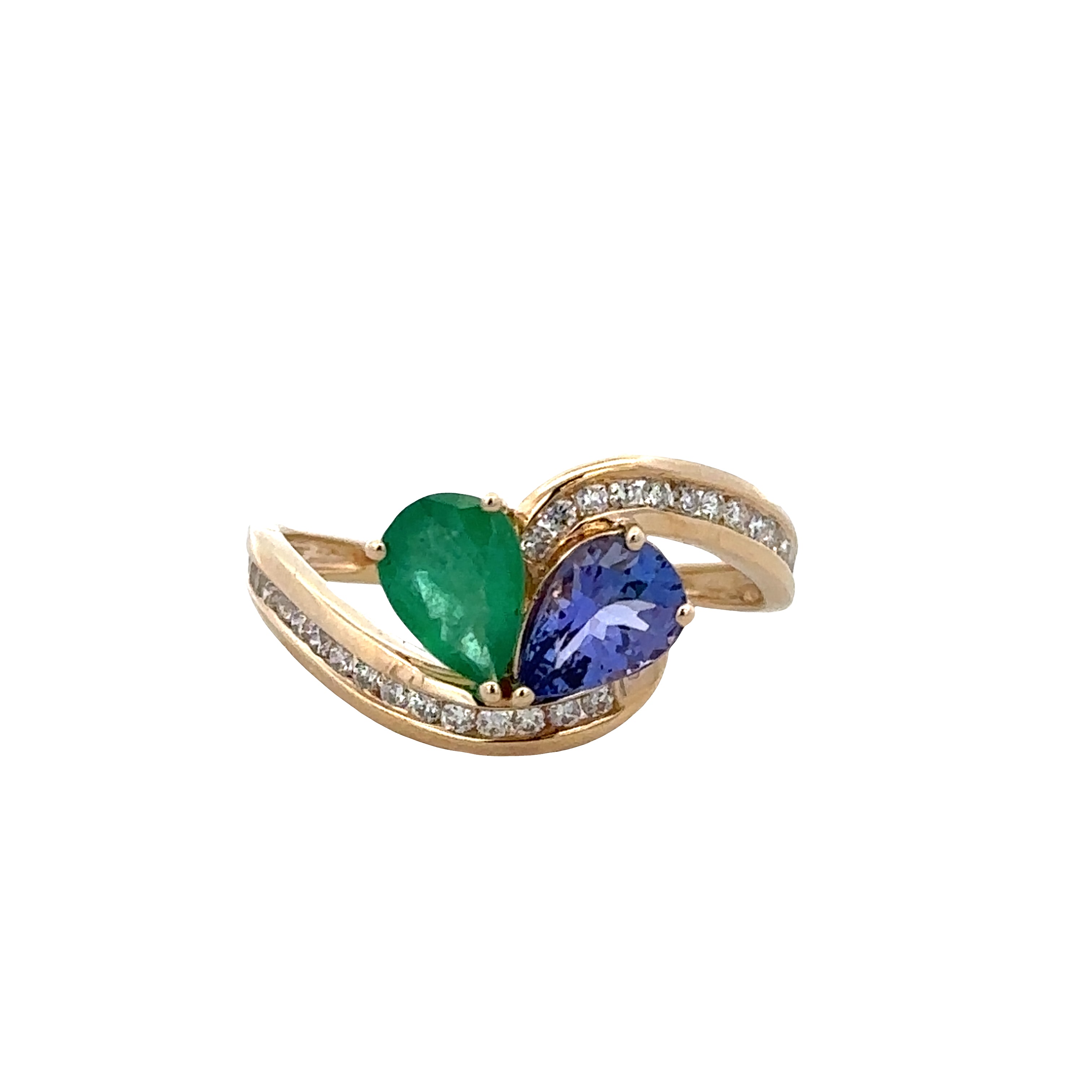 14k Yellow Gold Emerald, Tanzanite & Diamond Bypass Ring – Size 7.25