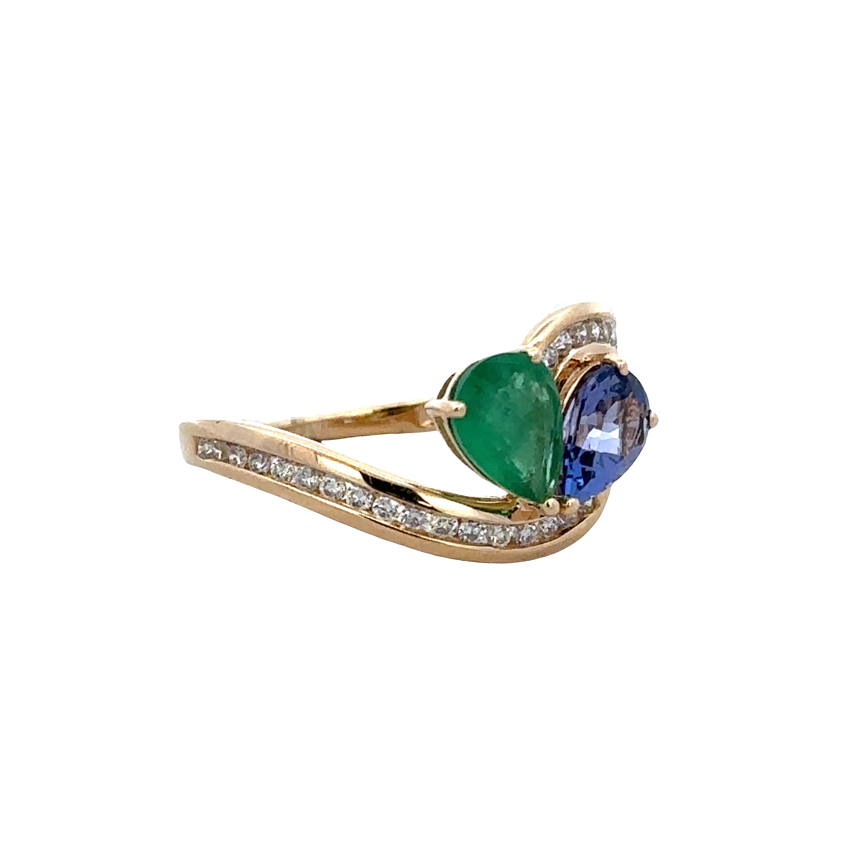 14k Yellow Gold Emerald, Tanzanite & Diamond Bypass Ring – Size 7.25