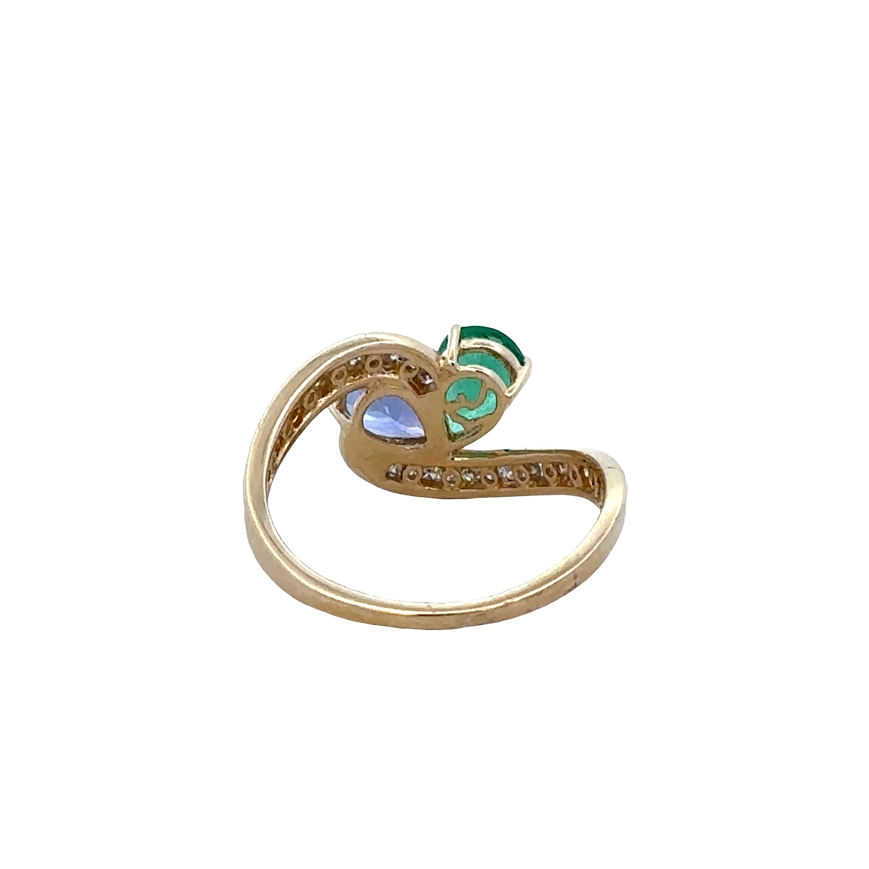 14k Yellow Gold Emerald, Tanzanite & Diamond Bypass Ring – Size 7.25