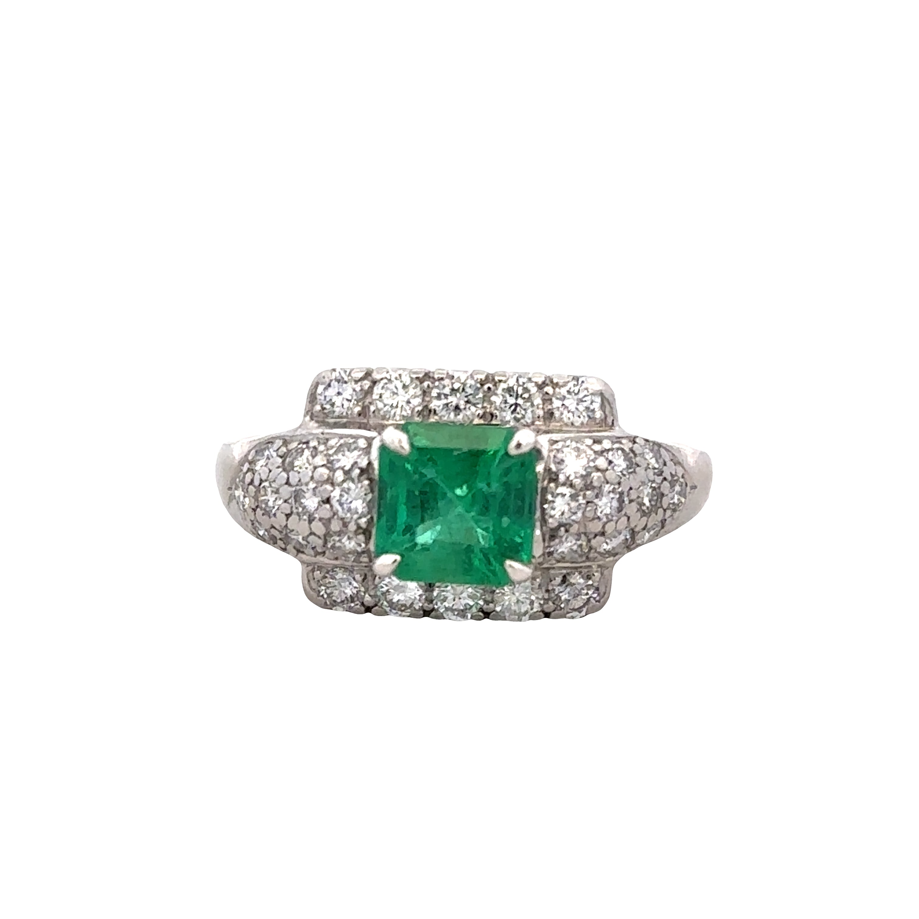 Vintage Platinum Emerald & Diamond Geometric Ring – Size 6.75, Circa 1930s–1940s