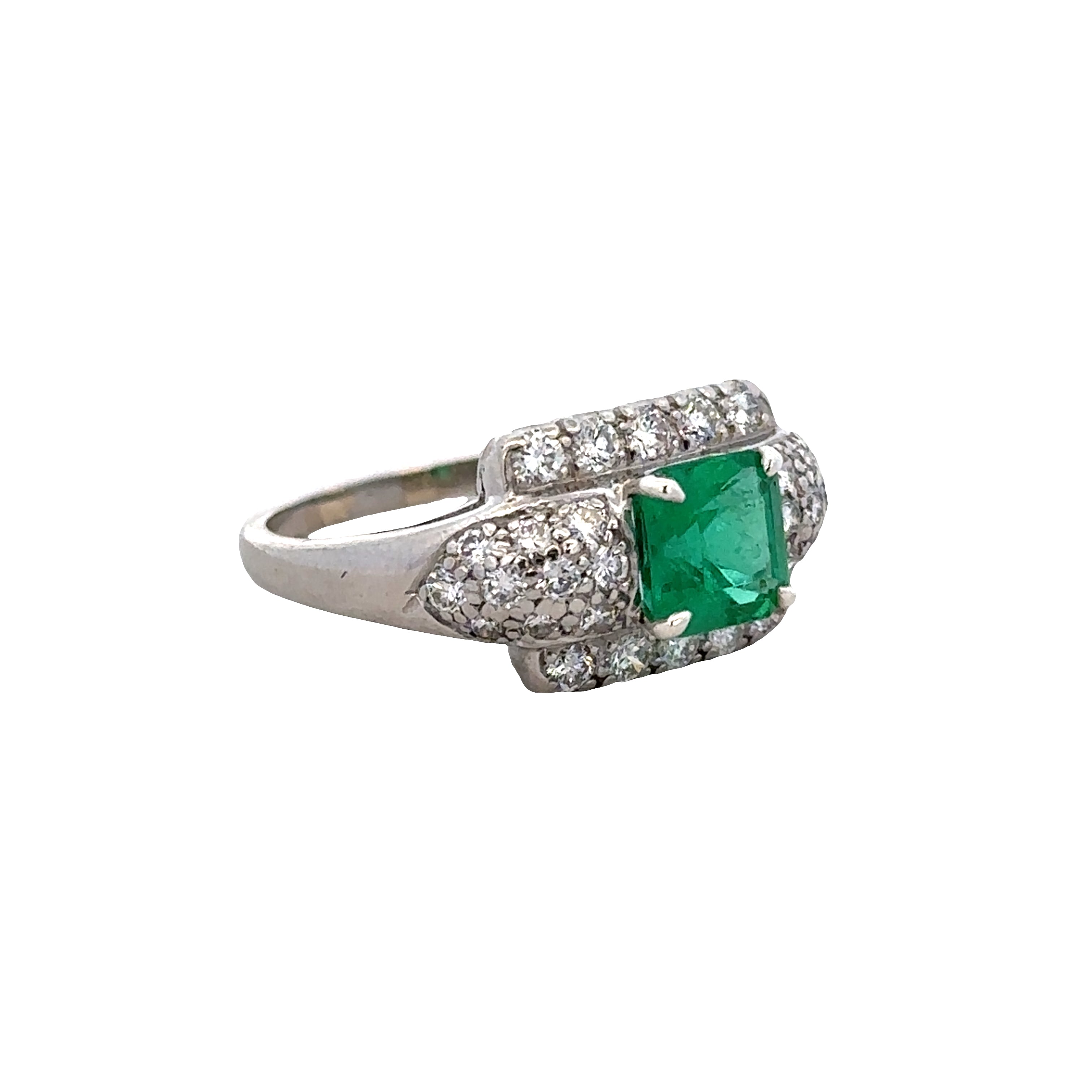 Vintage Platinum Emerald & Diamond Geometric Ring – Size 6.75, Circa 1930s–1940s