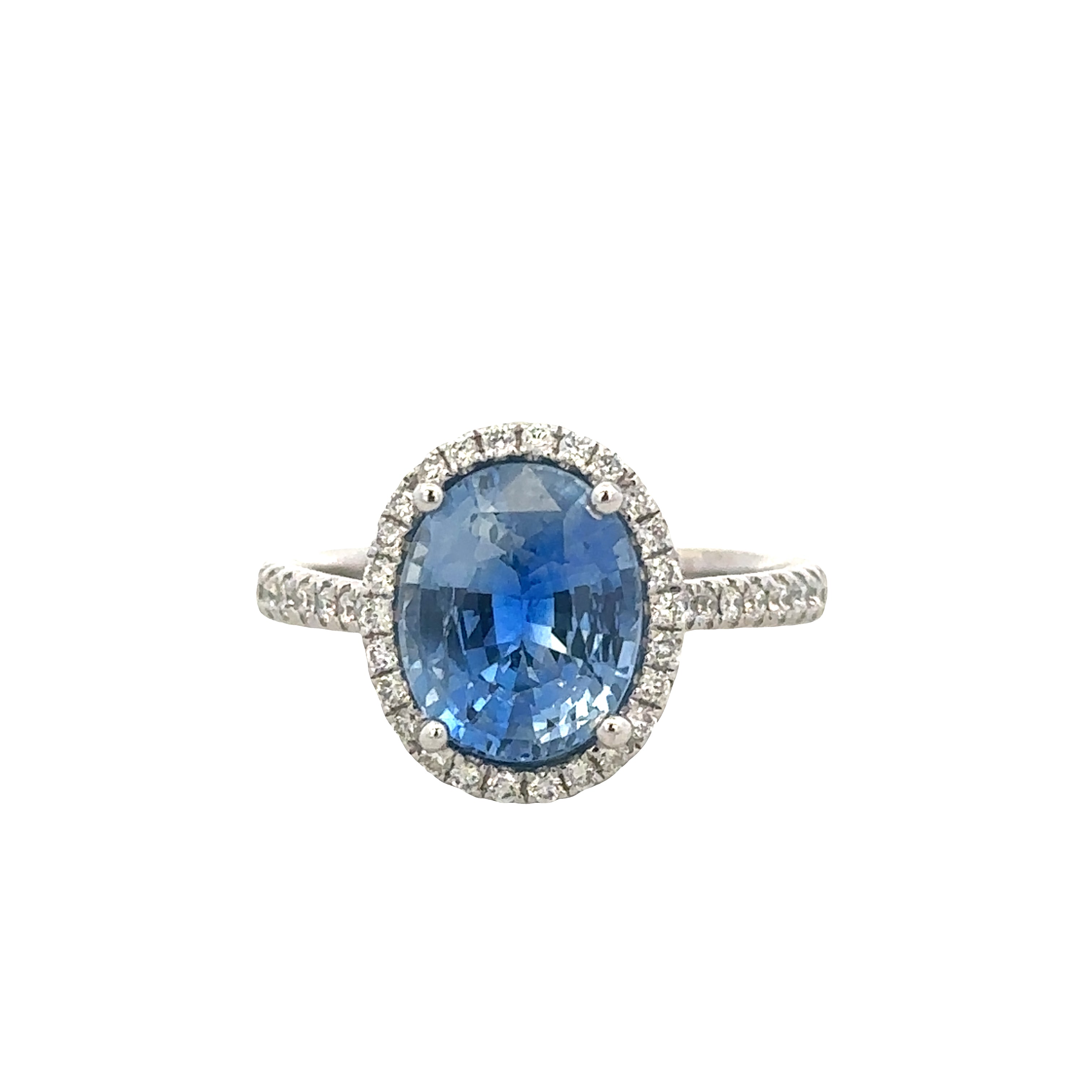18k White Gold Sri Lankan Sapphire & Diamond Halo Ring – GIA Certified, Size 5.5