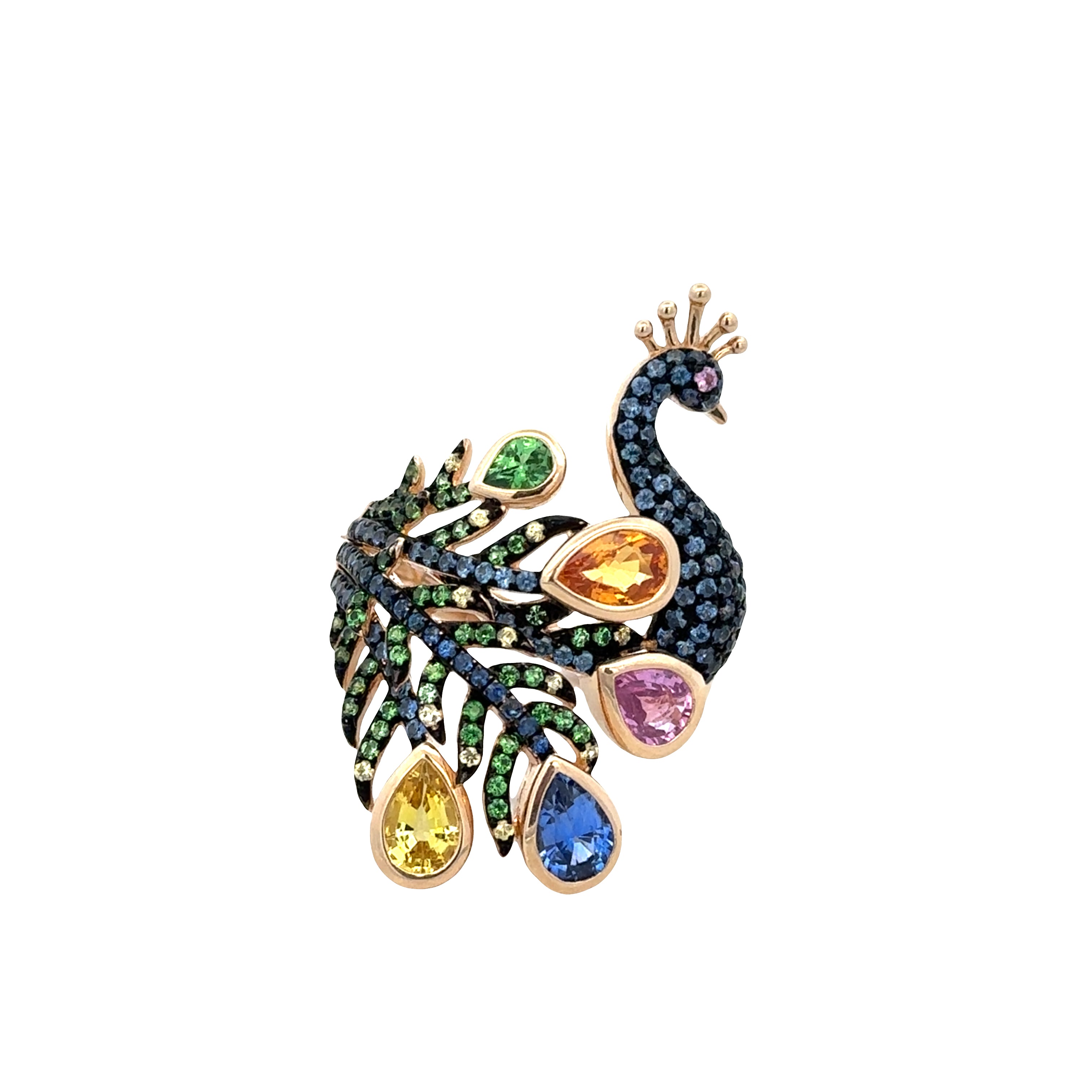 Estate Effy 14k Yellow Gold Multi-Color Sapphire Peacock Ring – Size 7