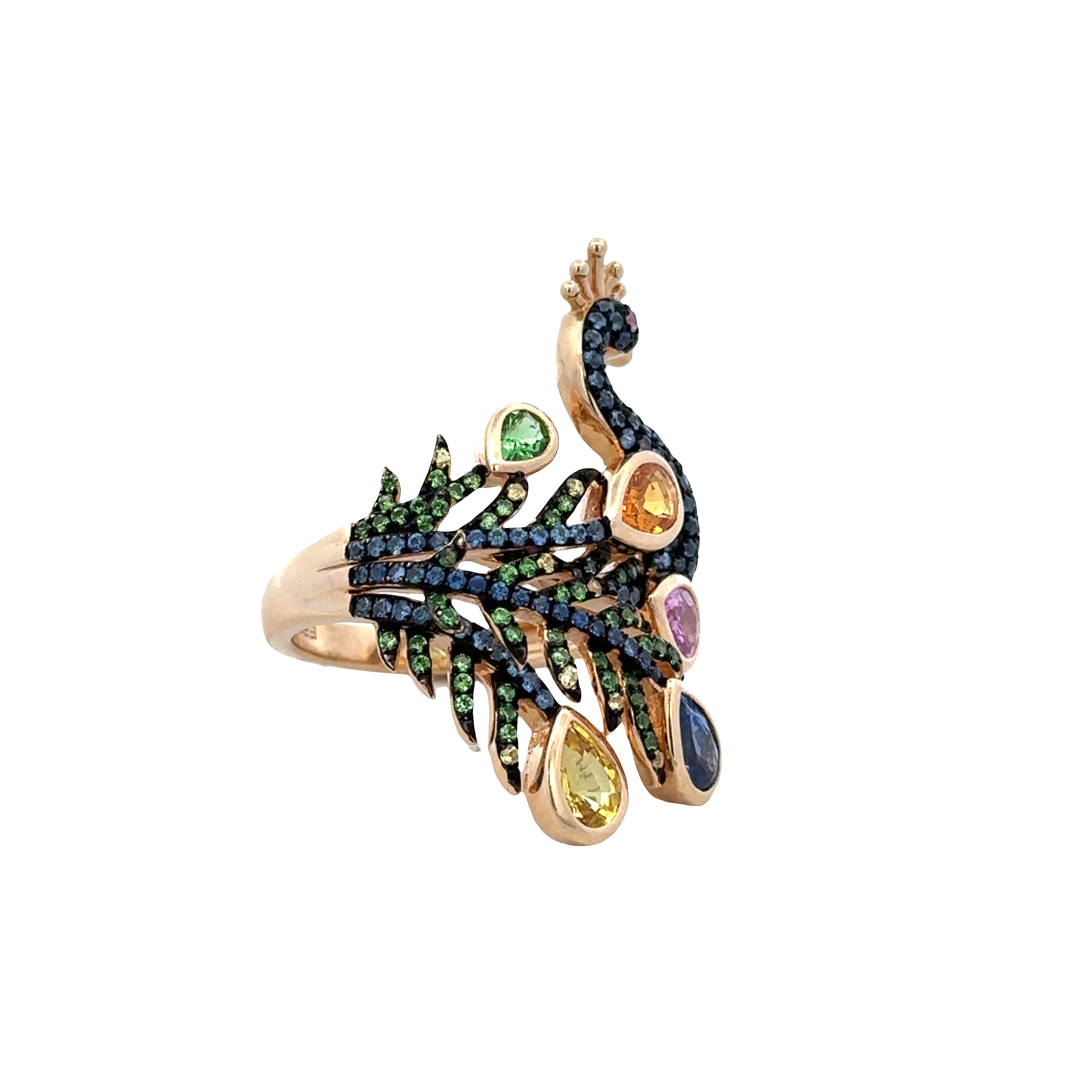Estate Effy 14k Yellow Gold Multi-Color Sapphire Peacock Ring – Size 7