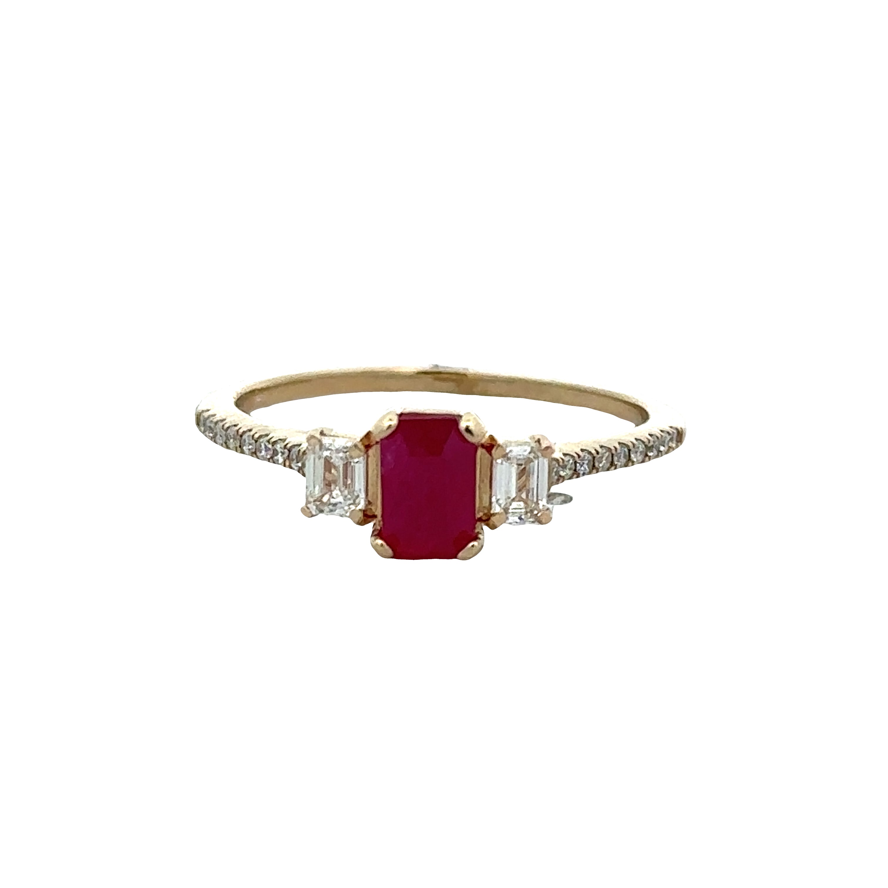 14k Yellow Gold Ruby & Diamond Three-Stone Ring – Size 7.25