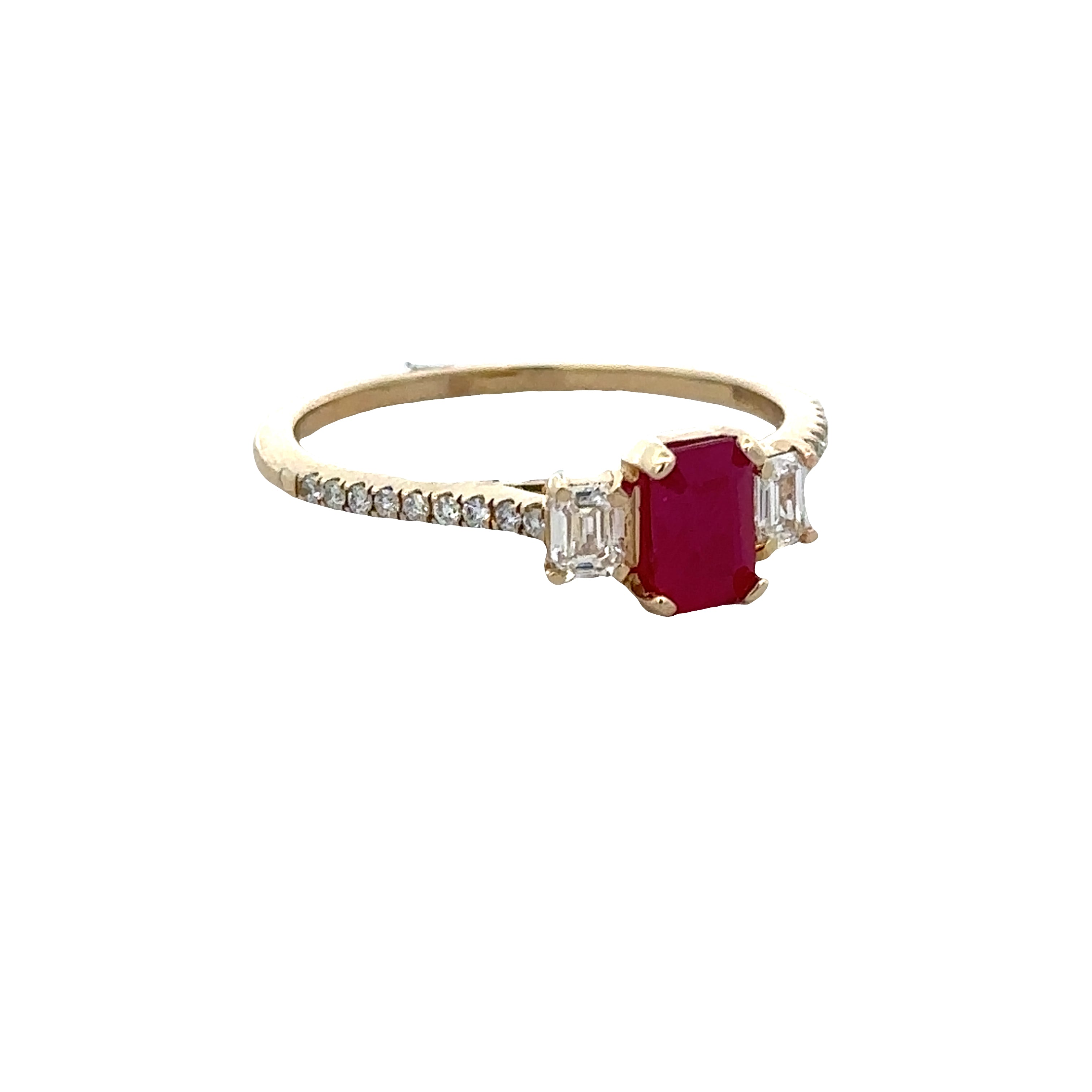 14k Yellow Gold Ruby & Diamond Three-Stone Ring – Size 7.25