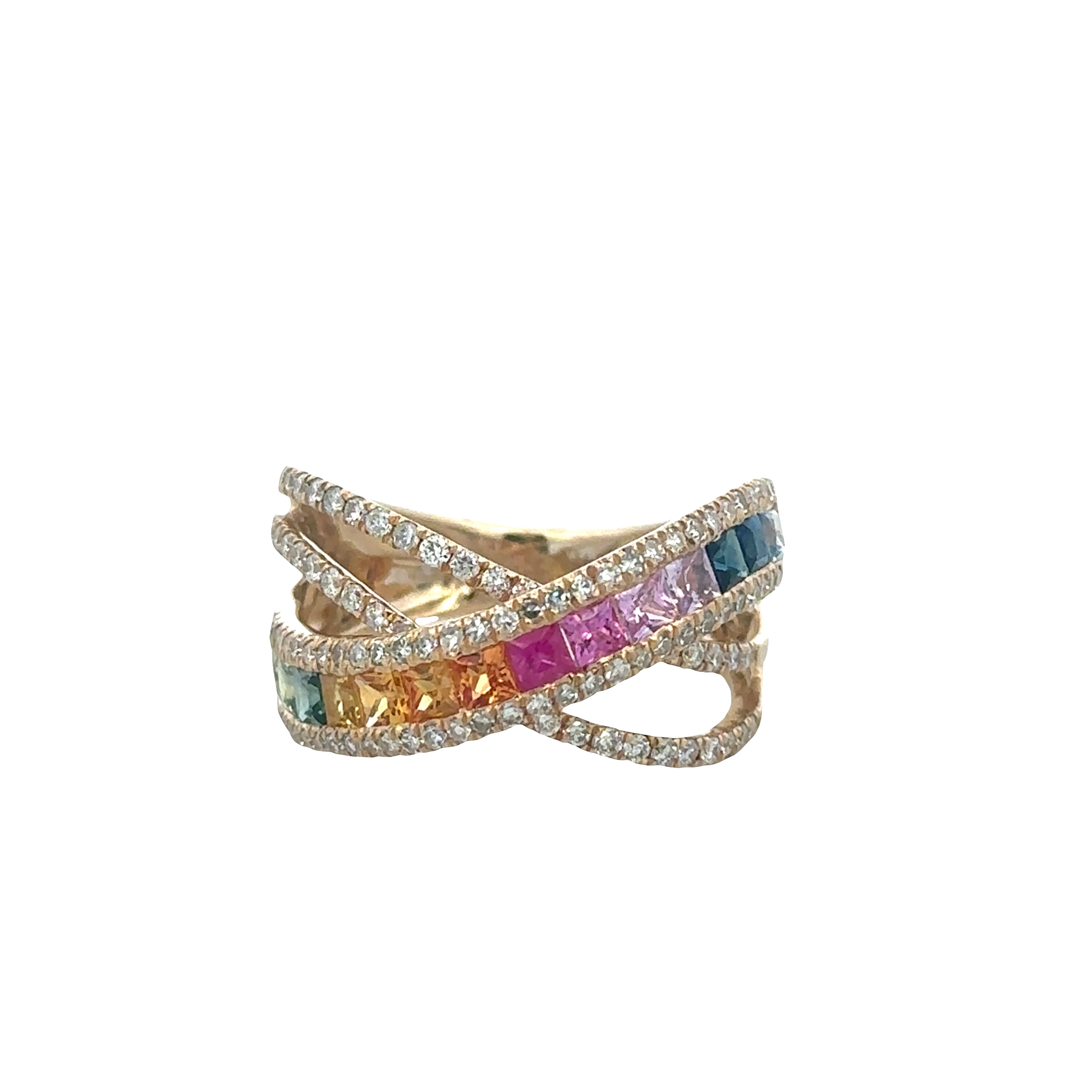 14k Yellow Gold Multicolor Sapphire & Diamond Crisscross Ring – Size 7