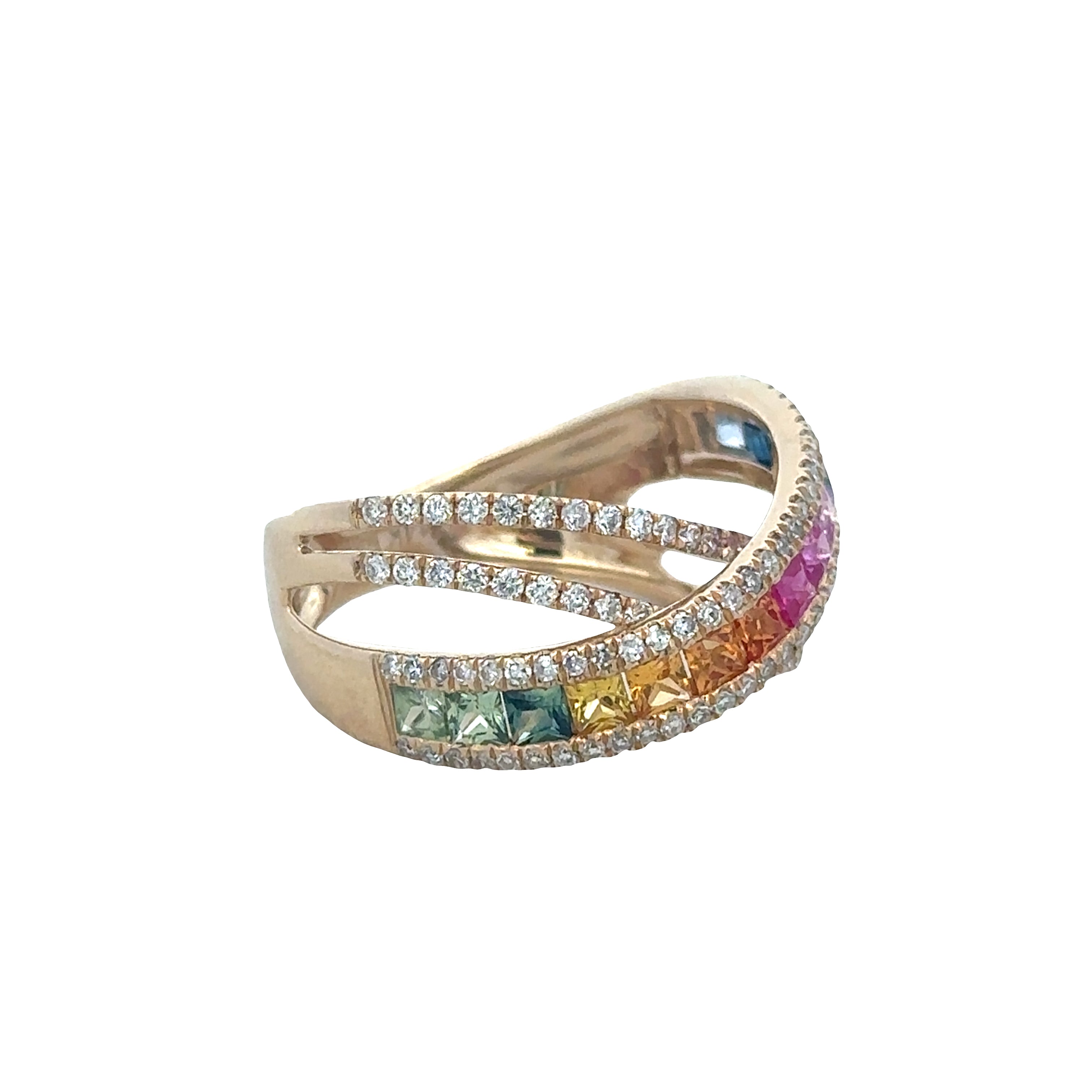 14k Yellow Gold Multicolor Sapphire & Diamond Crisscross Ring – Size 7