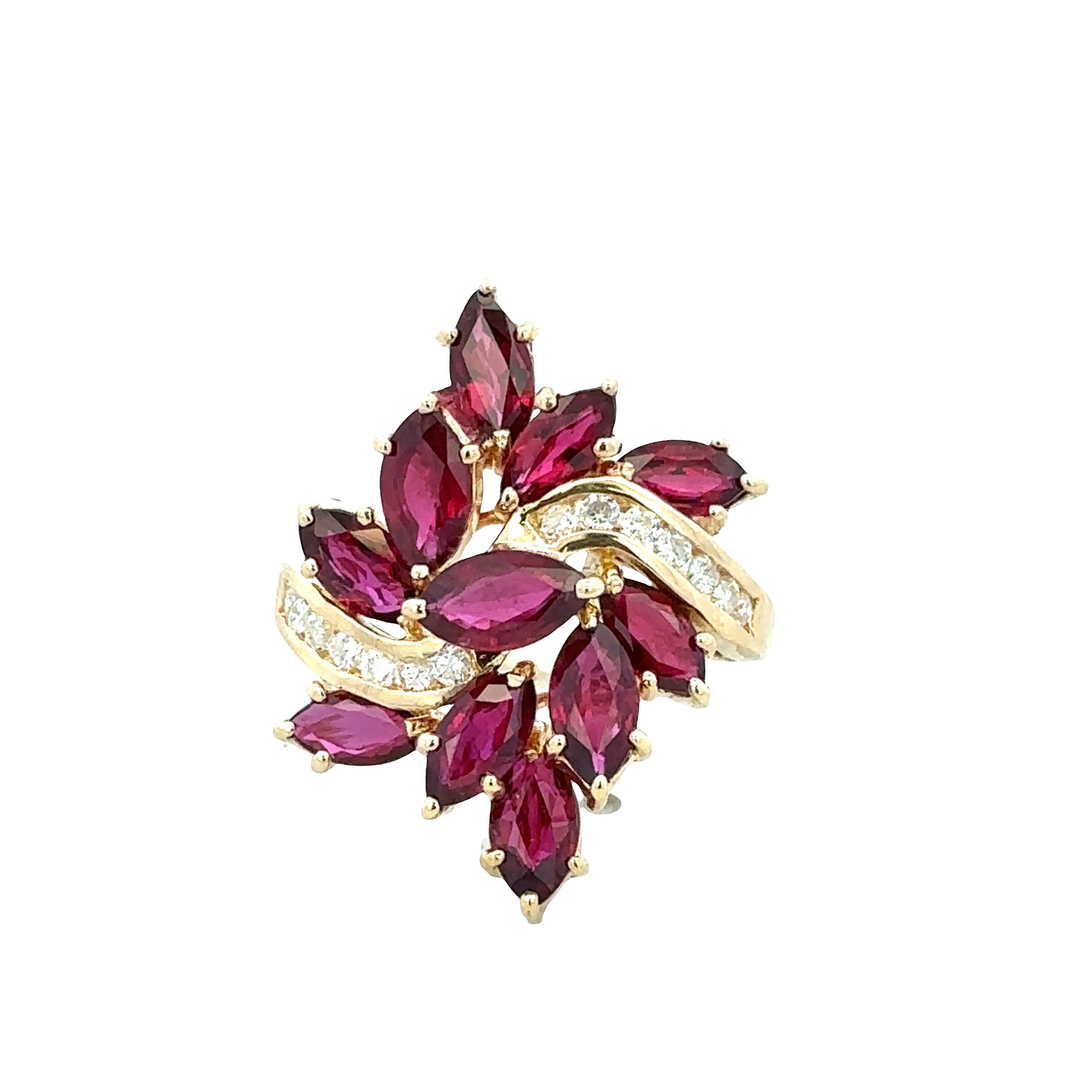 14k Yellow Gold Ruby & Diamond Foliate Statement Ring – Size 5