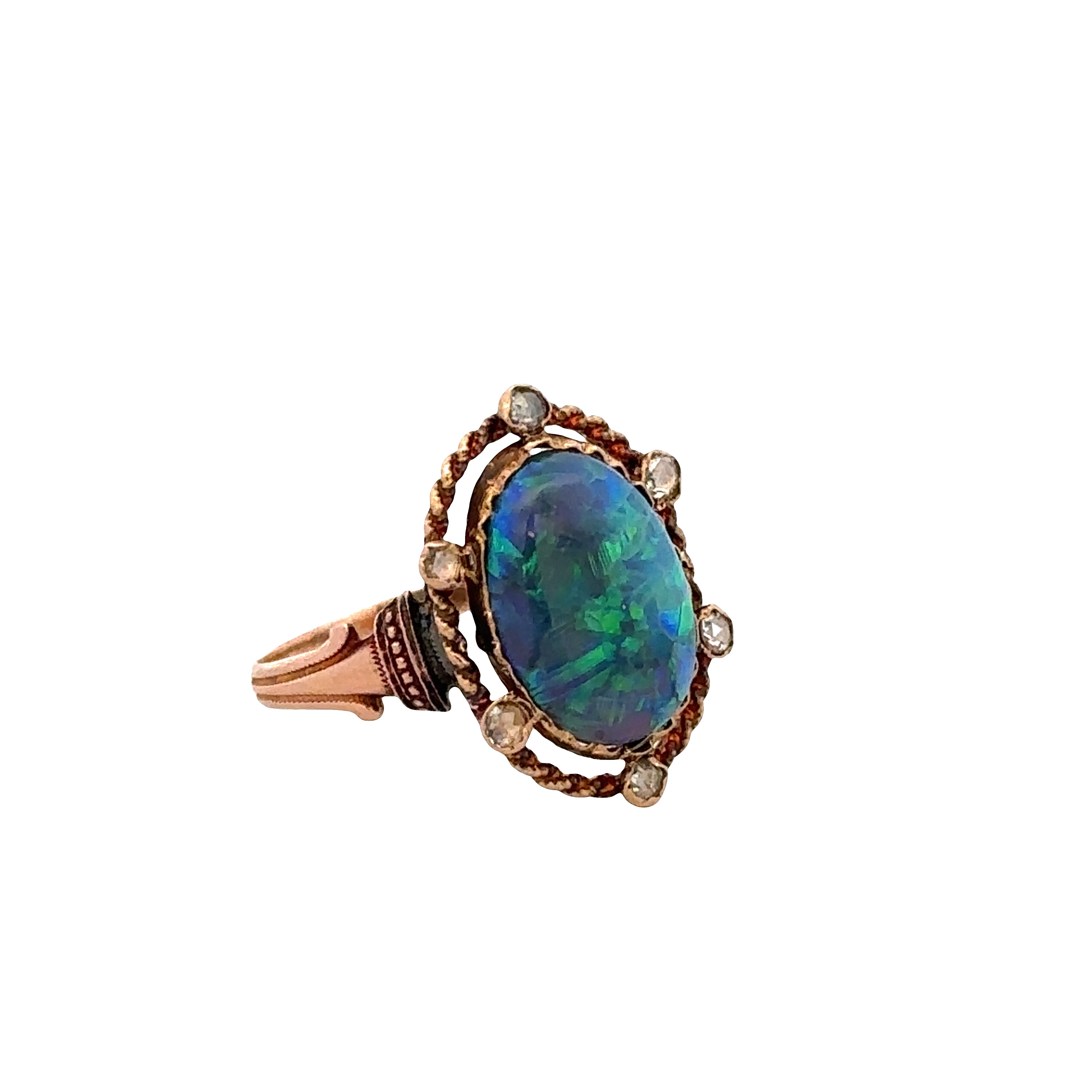 Antique 18k Rose Gold Opal & Rose-Cut Diamond Ring – Size 5.75