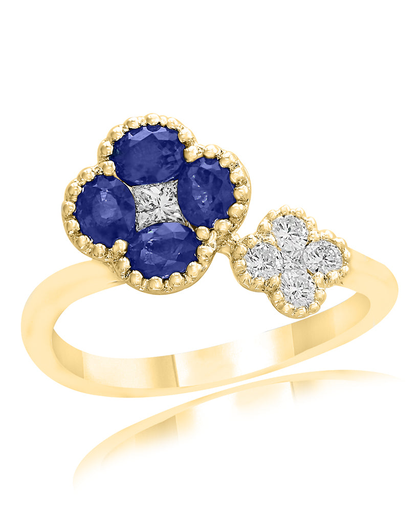 18k Yellow Gold Sapphire & Diamond Quatrefoil Bypass Ring – Size 6.5