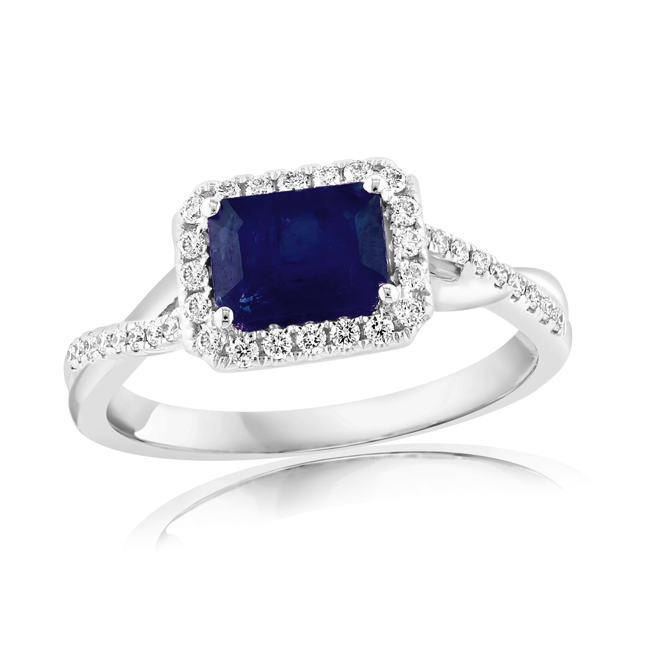 18k White Gold Emerald Cut Sapphire & Diamond Ring – Size 6.5