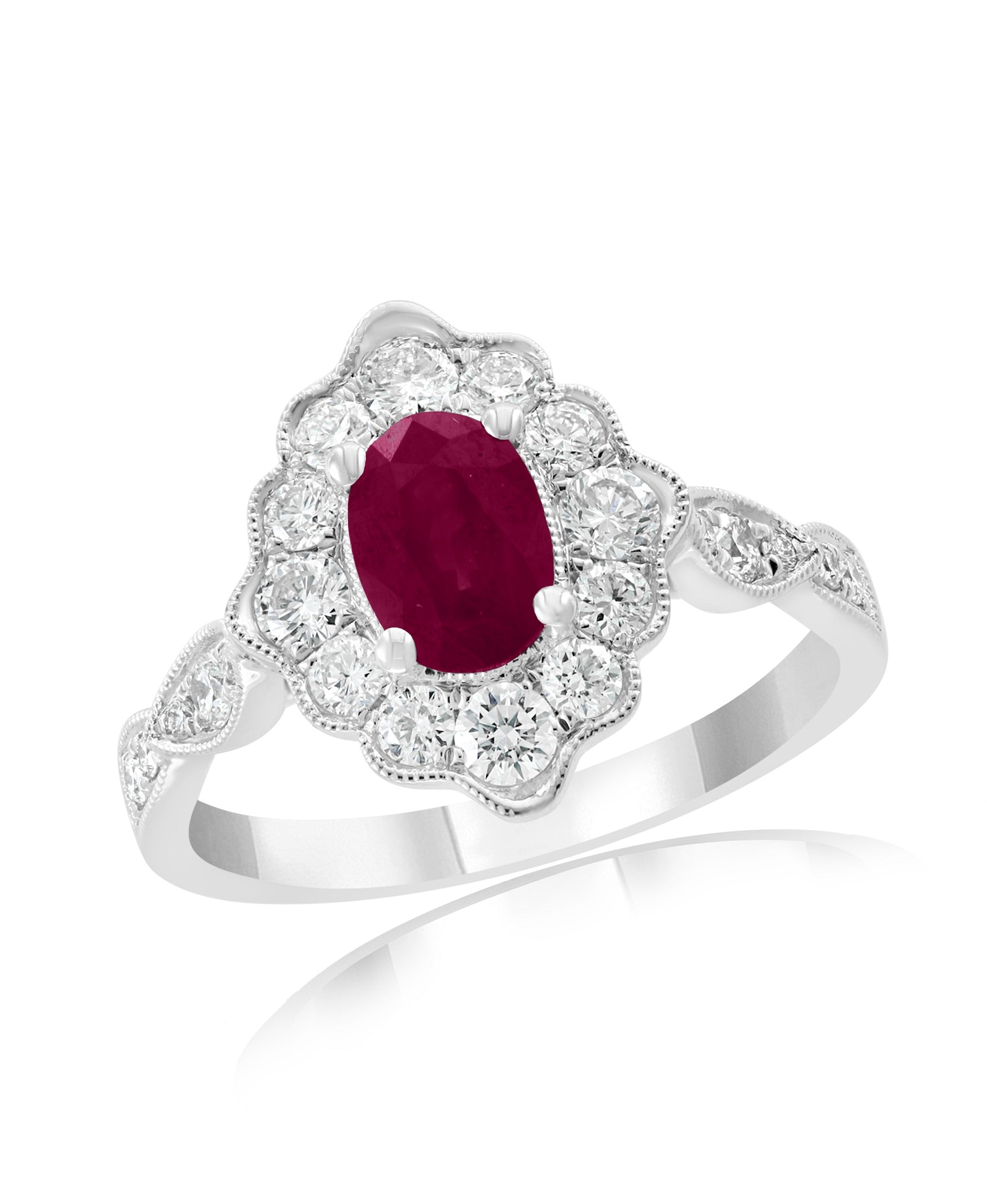 18k White Gold Ruby & Diamond Milgrain Halo Ring – Size 6.5