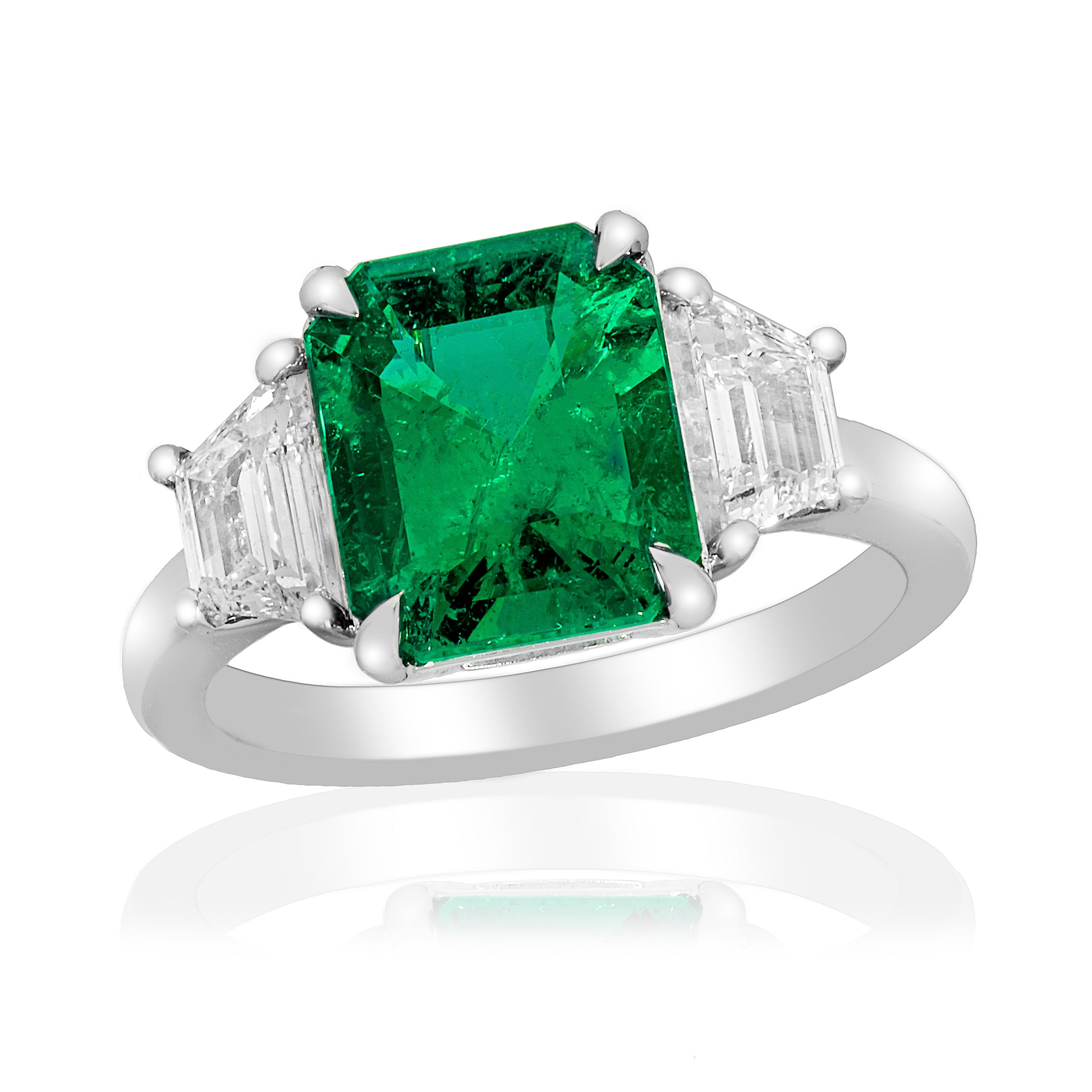 Platinum Emerald & Trapezoid Diamond Three-Stone Ring – Size 6.5