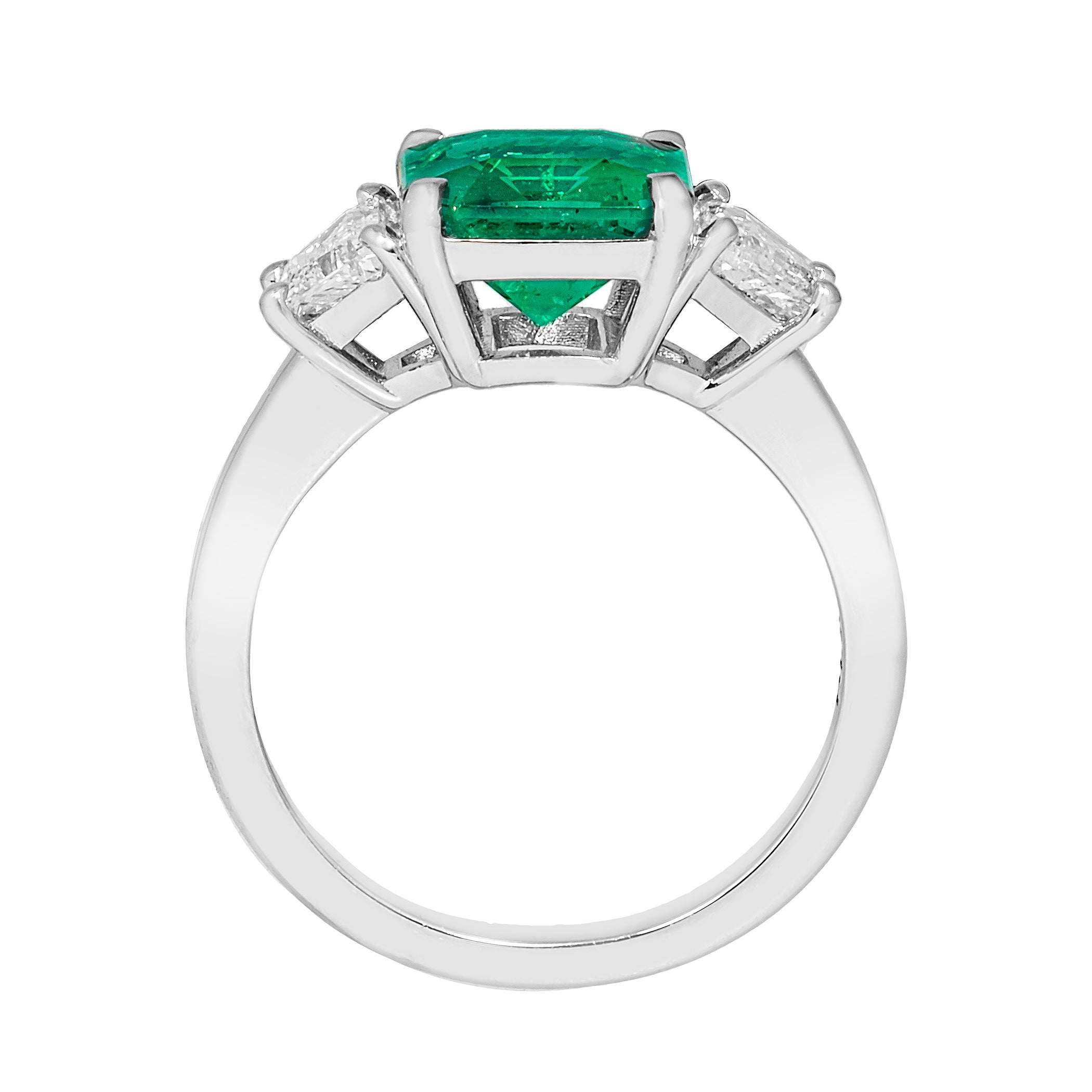 Platinum Emerald & Trapezoid Diamond Three-Stone Ring – Size 6.5
