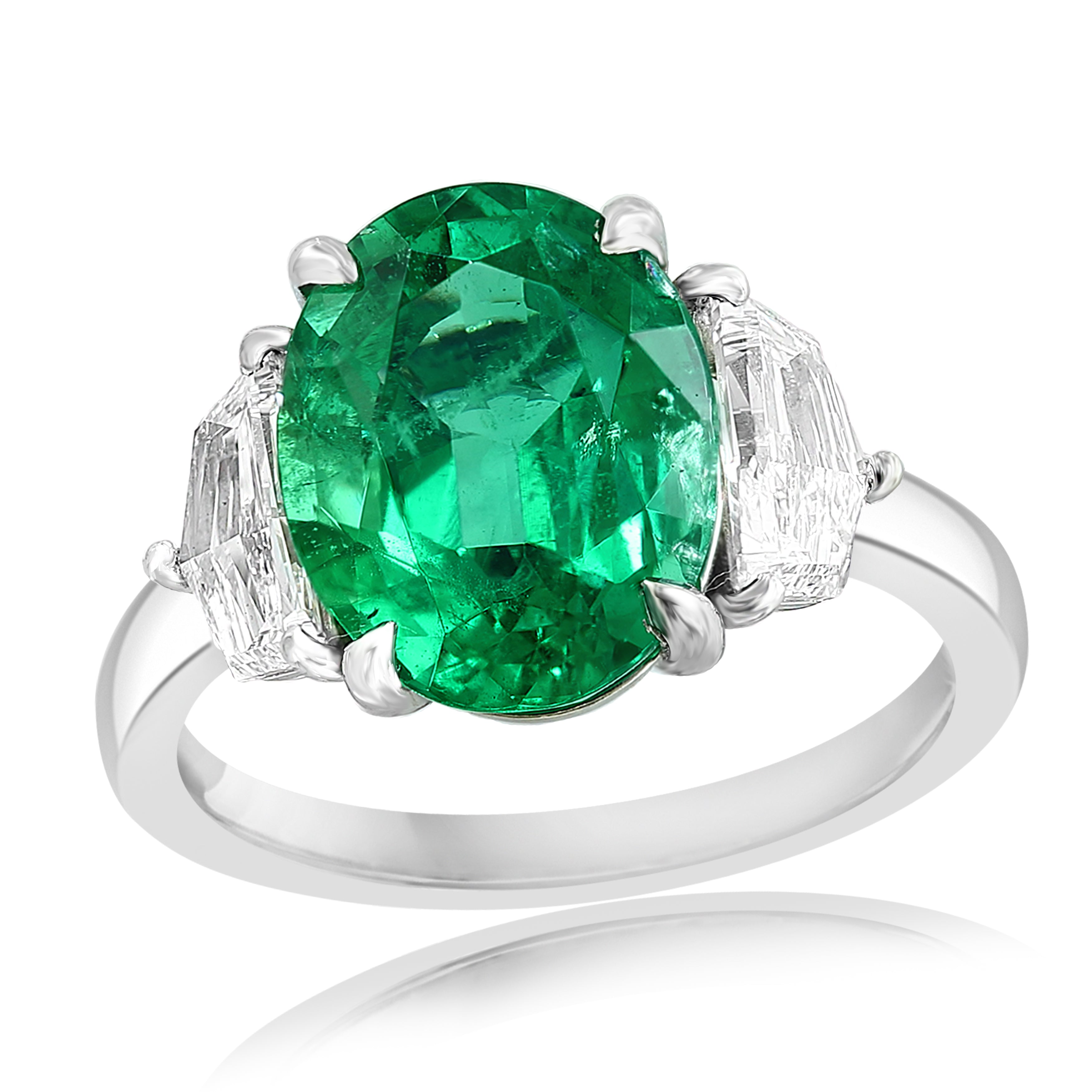 Platinum Zambian Emerald & Epaulette Diamond Ring – Size 6.5