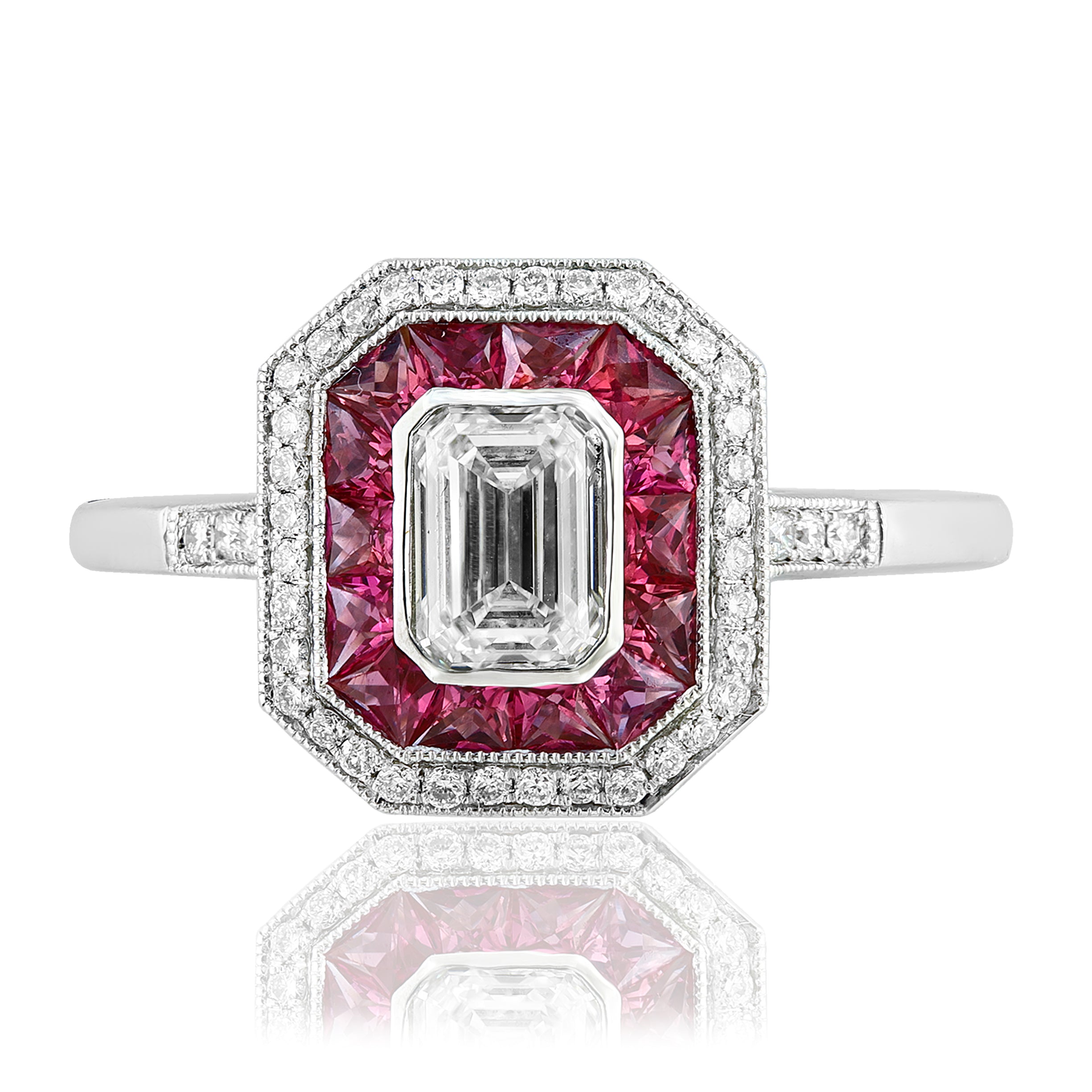 Platinum Ruby & Diamond Double Halo Ring – Size 6.5