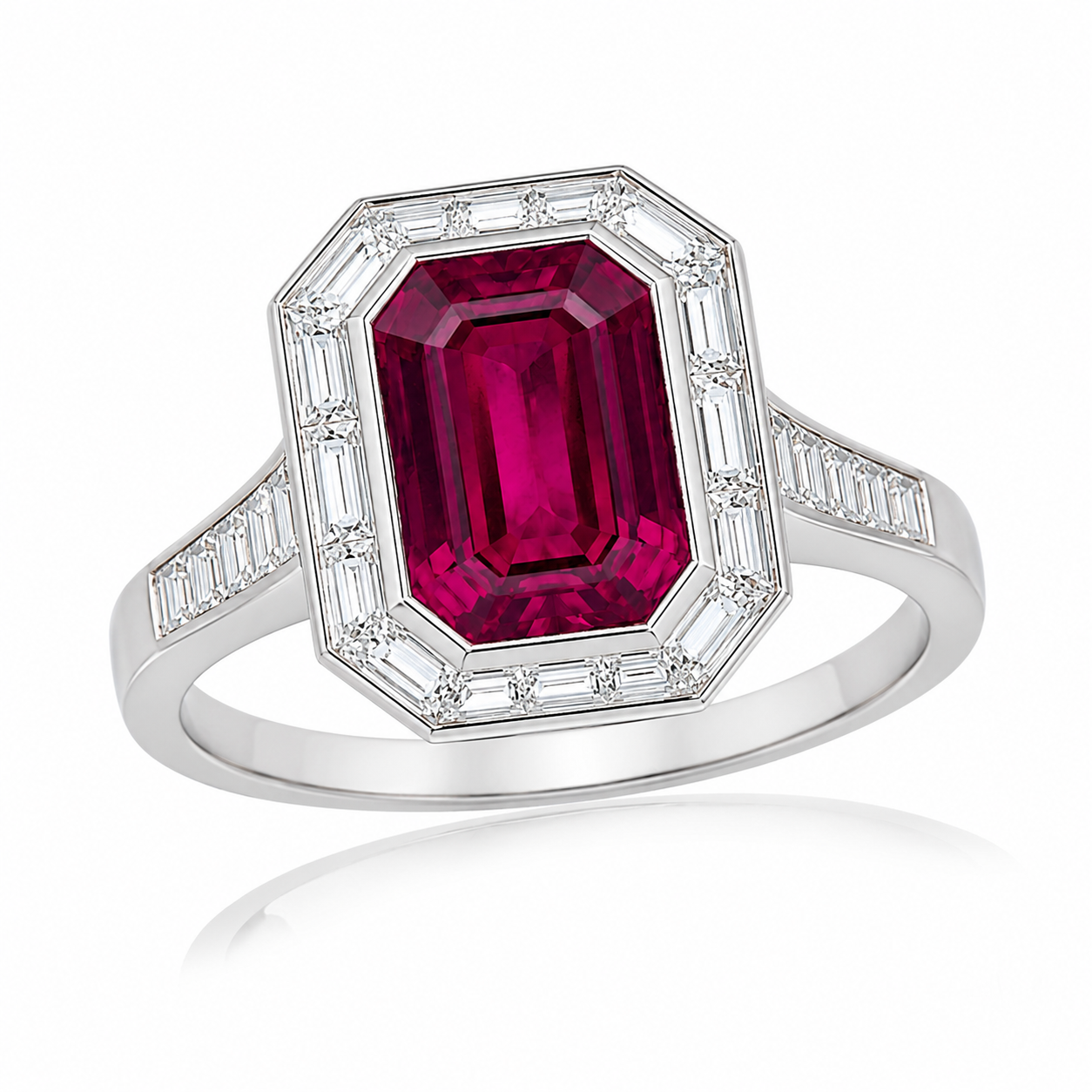 Platinum Art Deco Inspired Ruby & Baguette Diamond Ring – Size 6.5