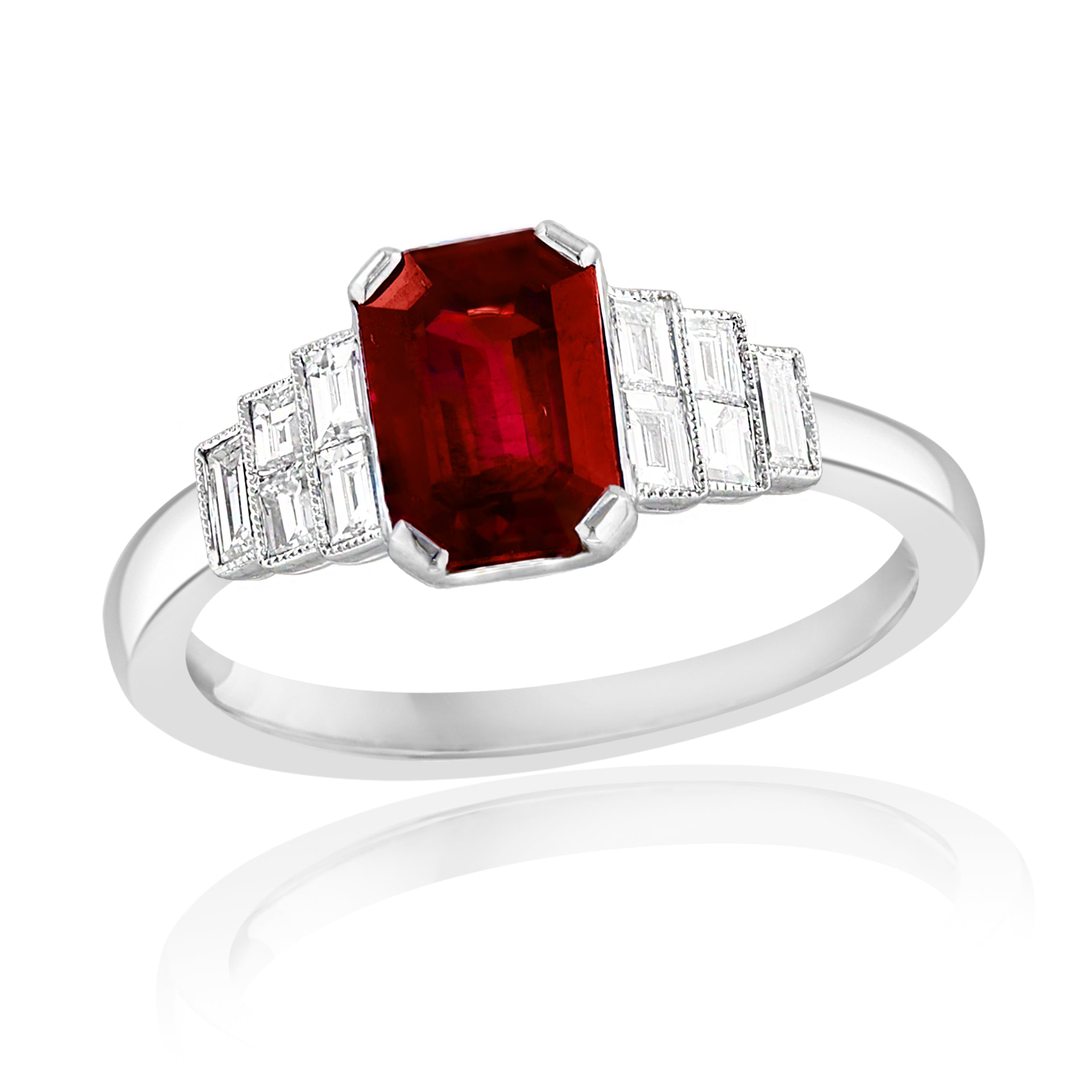 Platinum Art Deco Inspired Ruby & Baguette Diamond Ring – Size 6.5