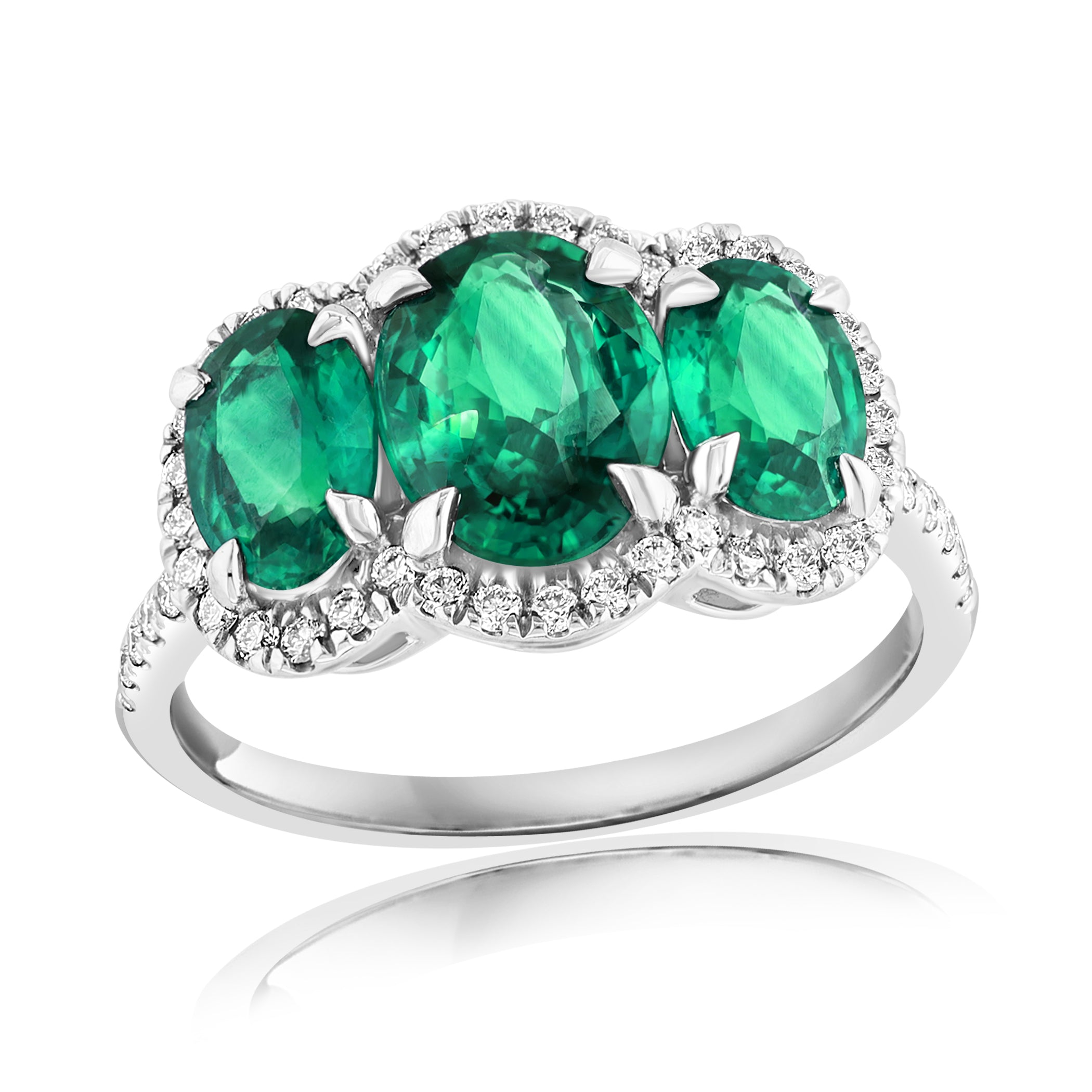 Statement Platinum Three Emerald & Diamond Ring – Size 6.5