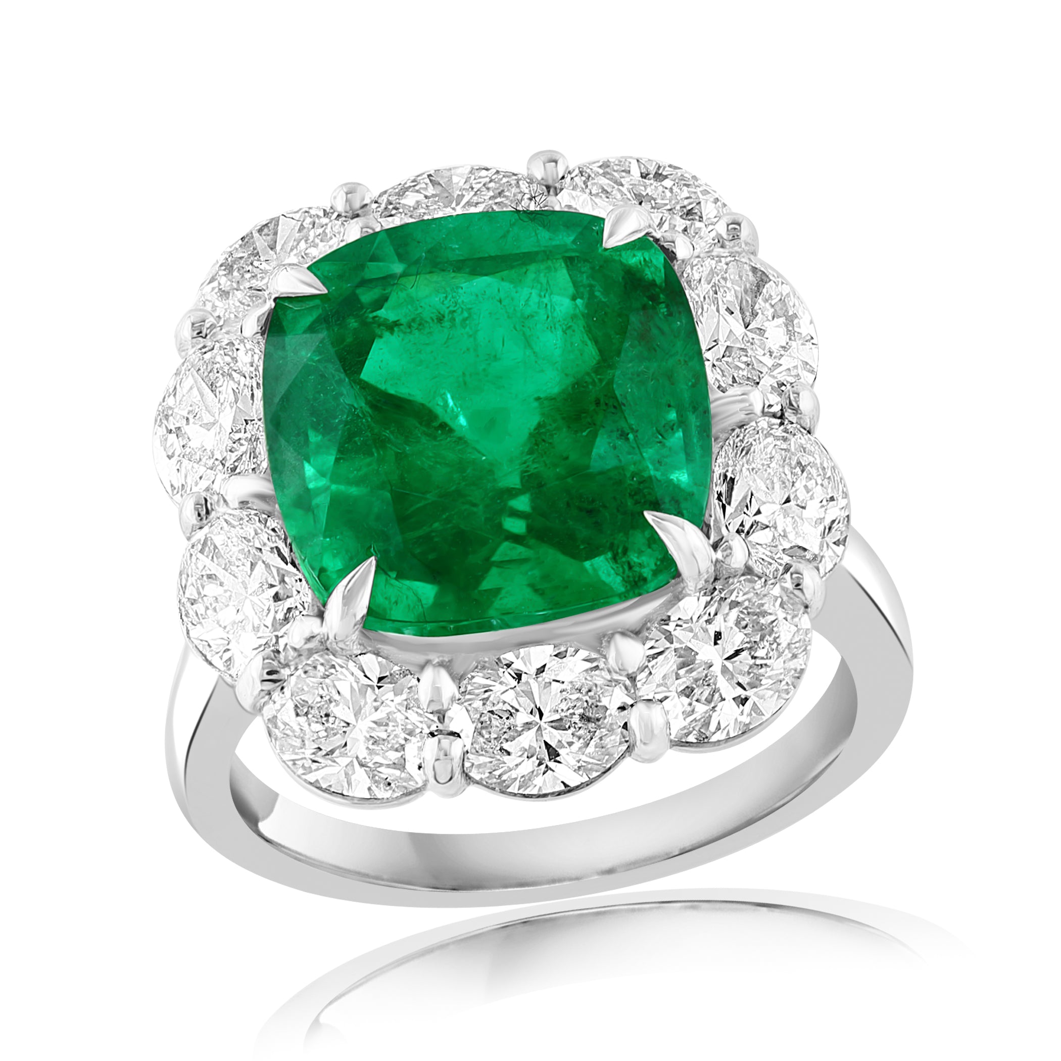 Platinum Zambian Emerald & Oval Diamond Halo Ring – Size 6.5