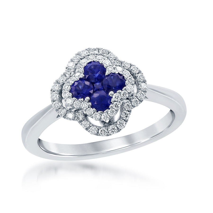 18k White Gold Sapphire & Diamond Quatrefoil Motif Ring – Size 6.5
