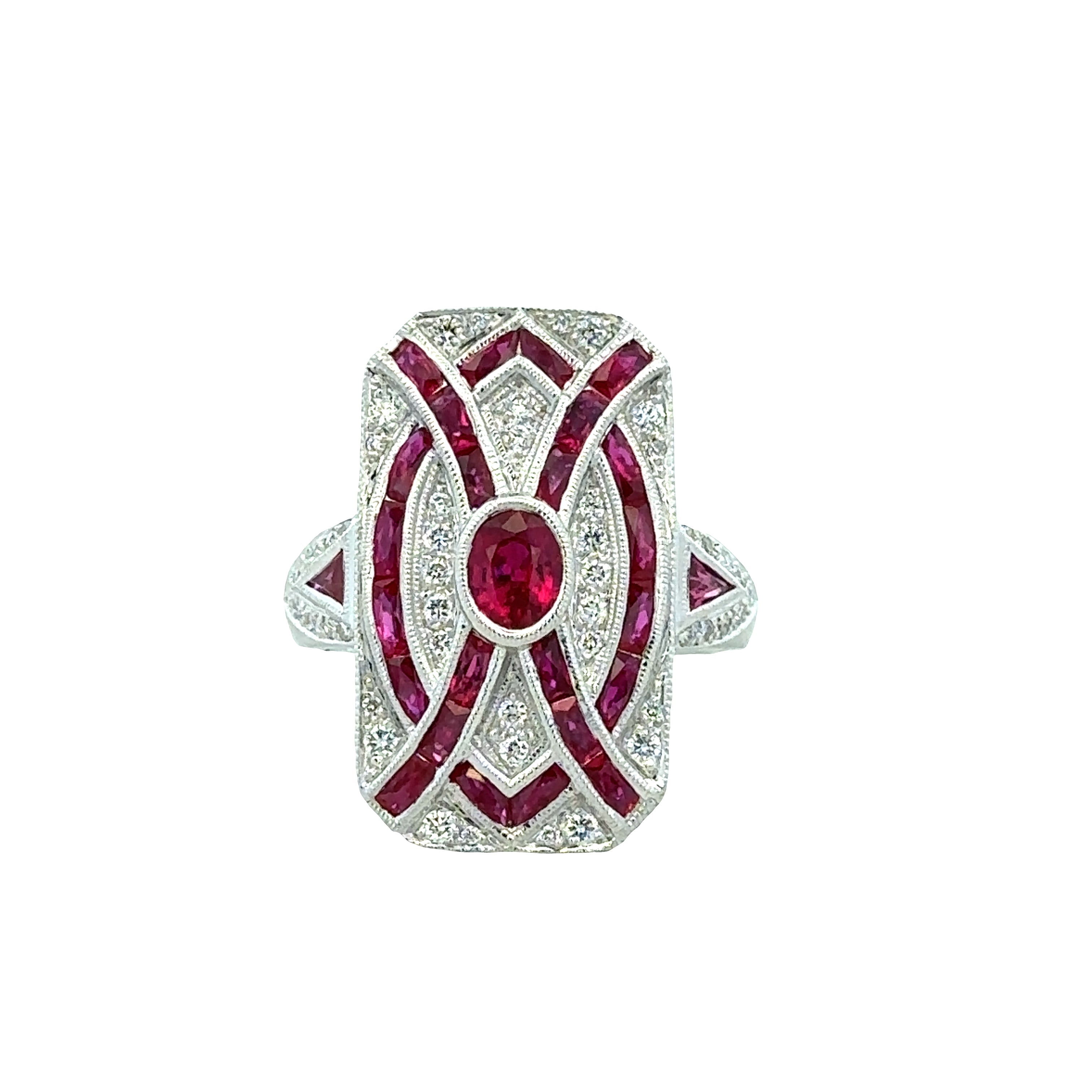 14k White Gold Art Deco-Inspired Ruby & Diamond Ring – Size 6.5