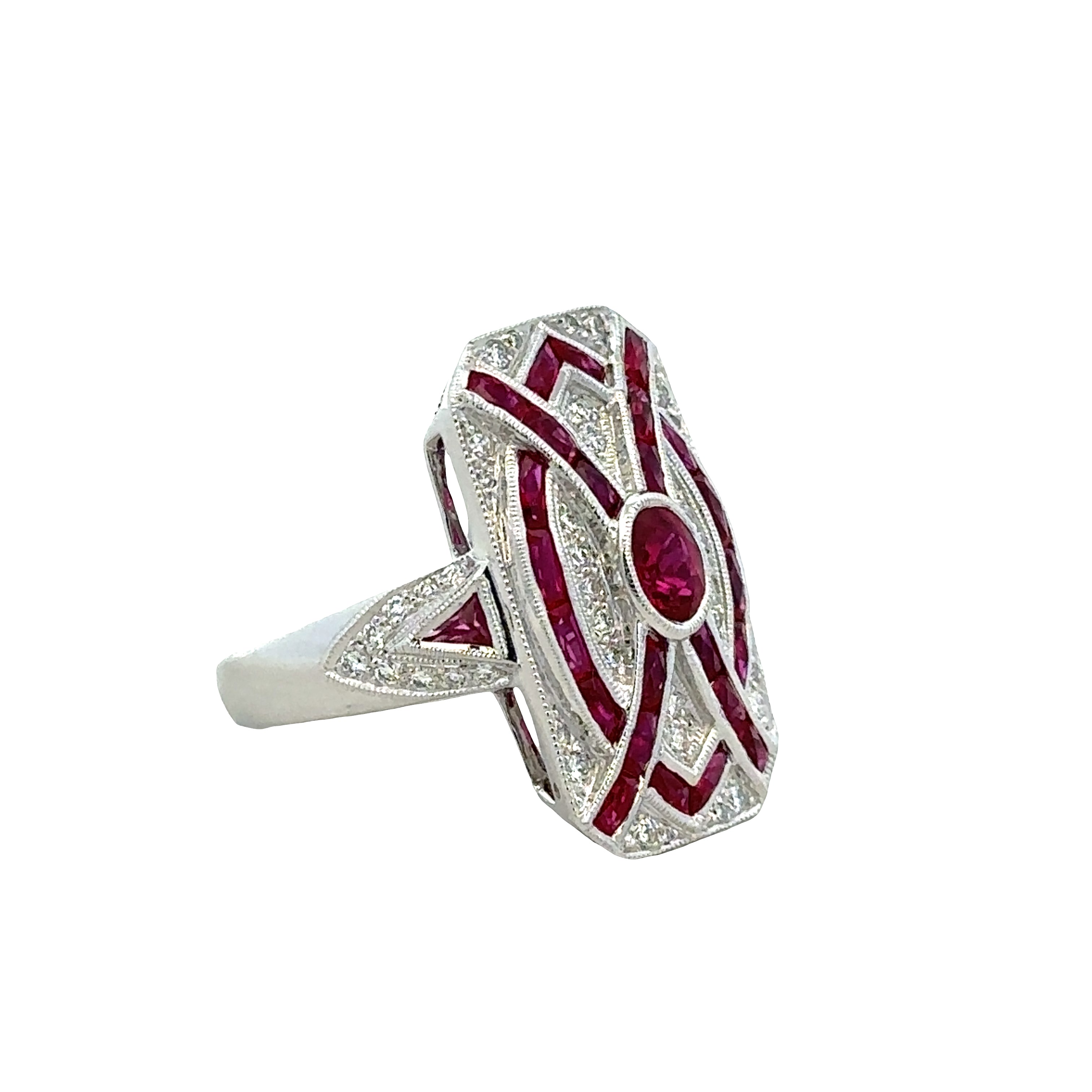 14k White Gold Art Deco-Inspired Ruby & Diamond Ring – Size 6.5