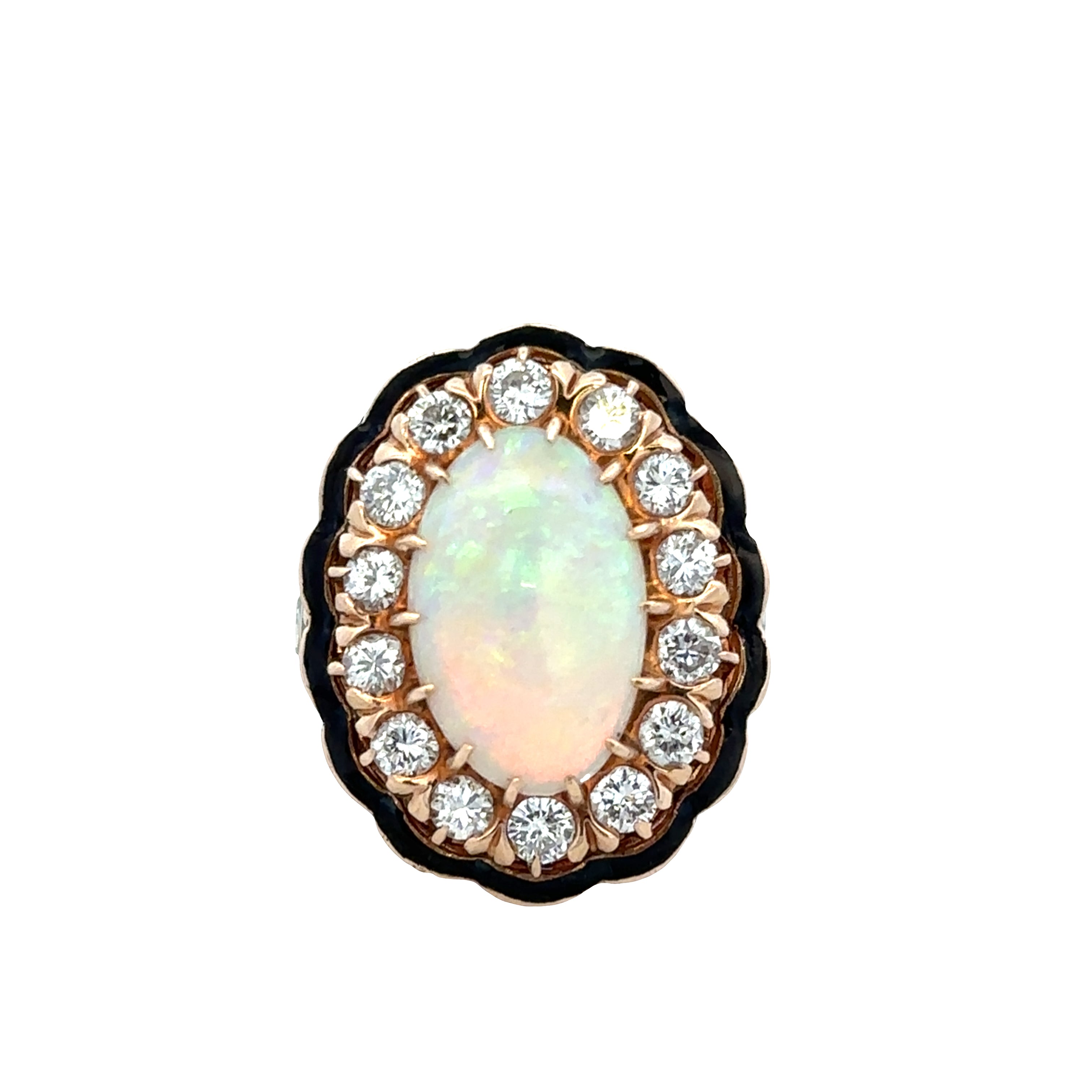 Vintage 14k Yellow Gold Opal, Diamond & Black Enamel Ring – Size 6.25
