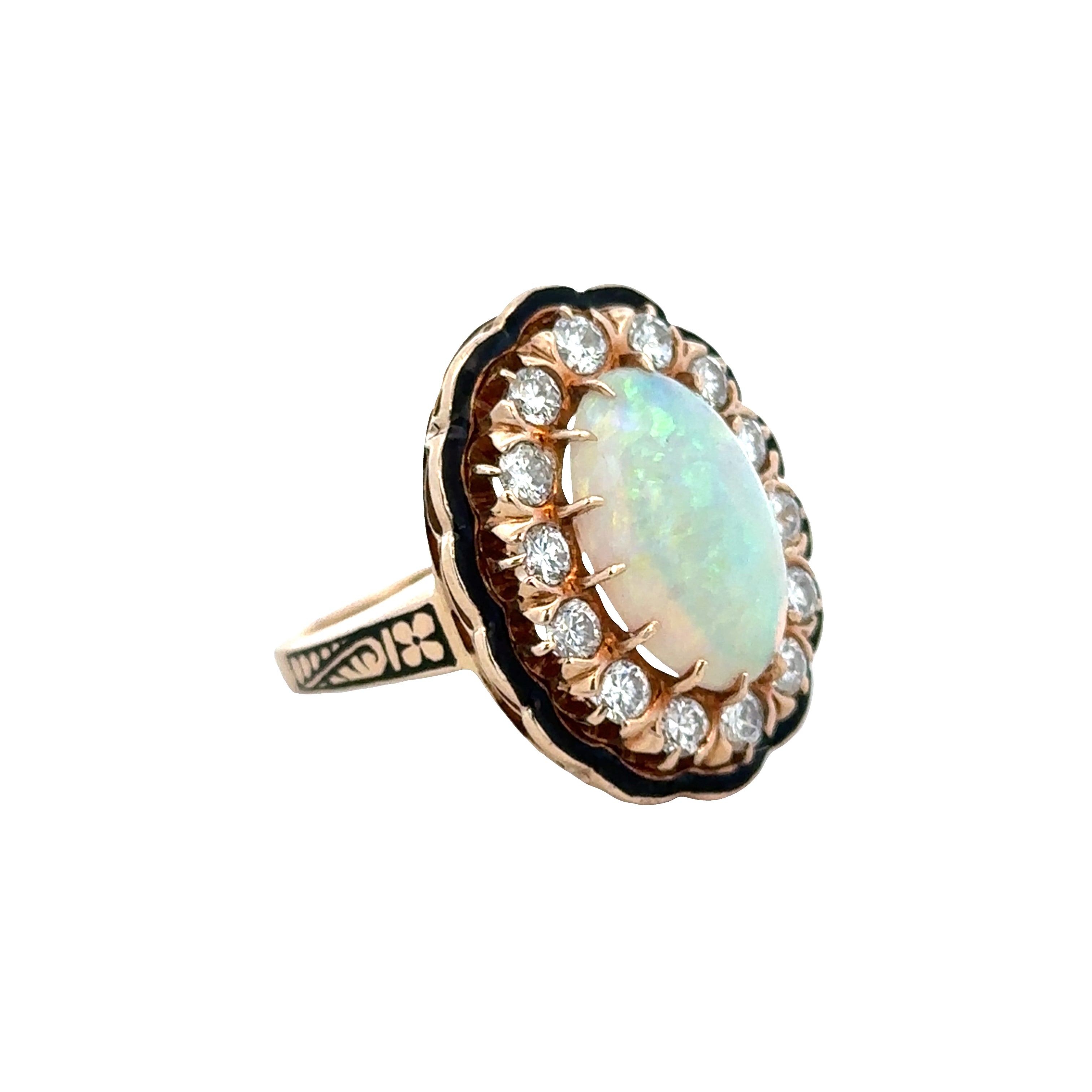 Vintage 14k Yellow Gold Opal, Diamond & Black Enamel Ring – Size 6.25