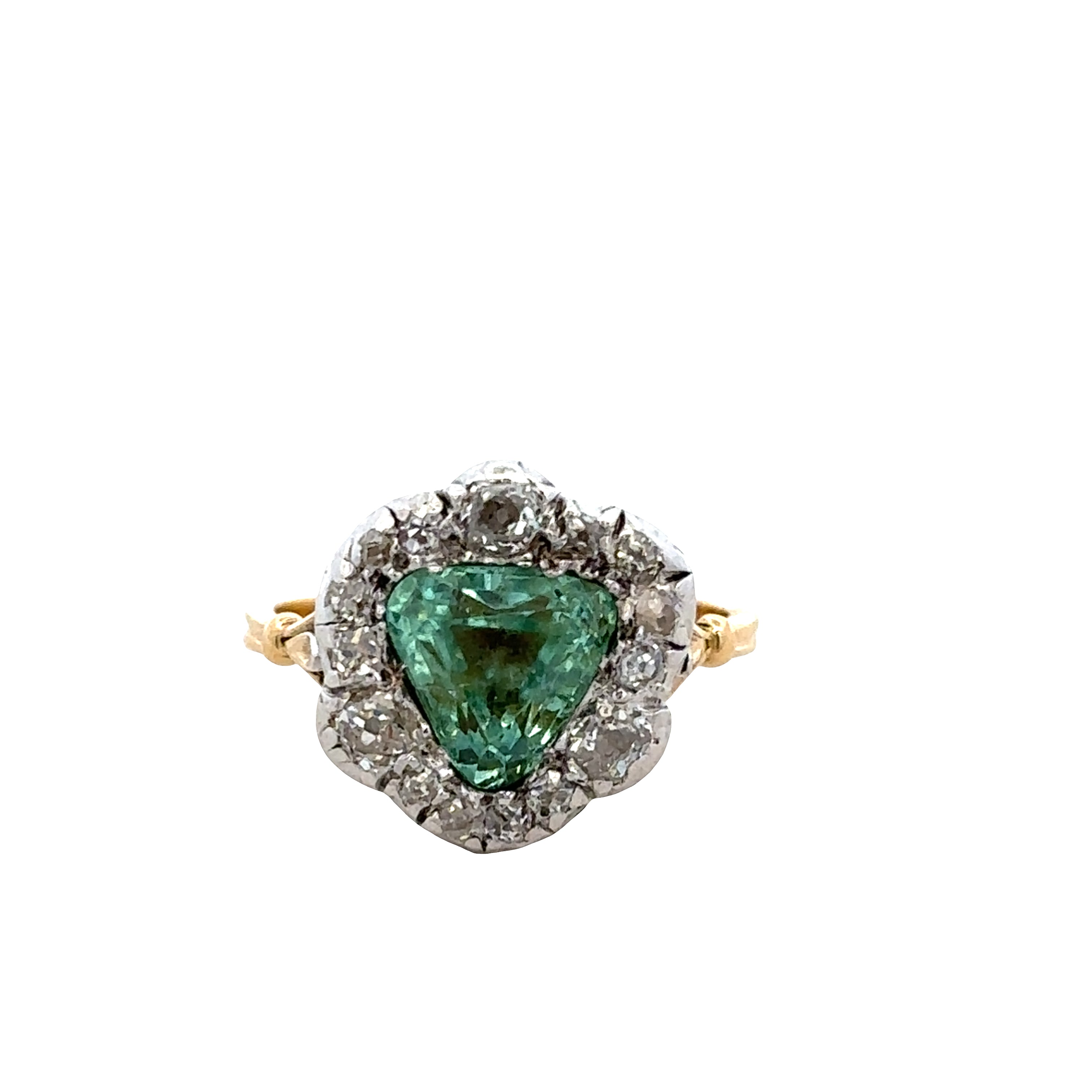 Antique 18k Yellow Gold & Sterling Silver Green Beryl and Old Mine Cut Diamond Halo Ring – Size 5