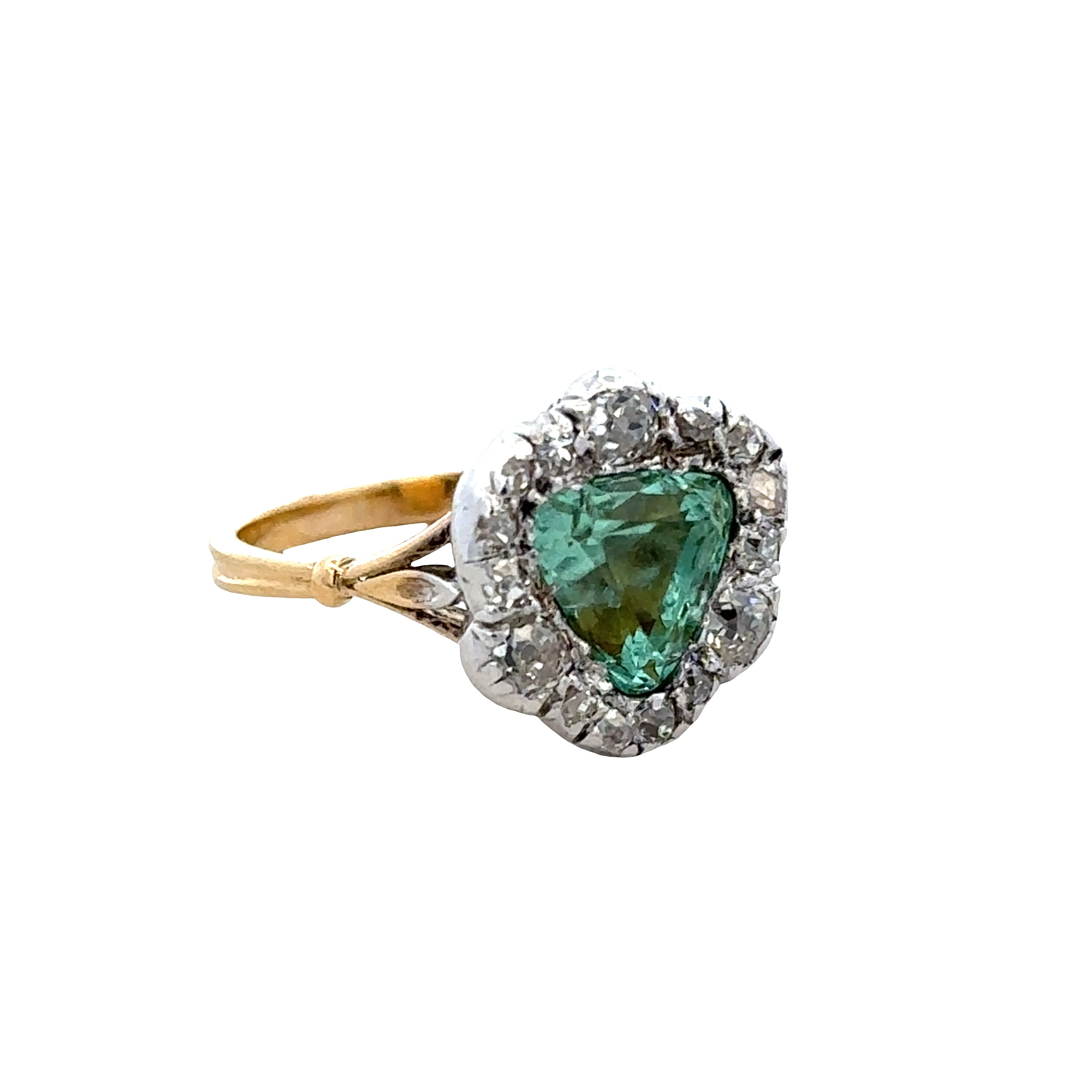 Antique 18k Yellow Gold & Sterling Silver Green Beryl and Old Mine Cut Diamond Halo Ring – Size 5