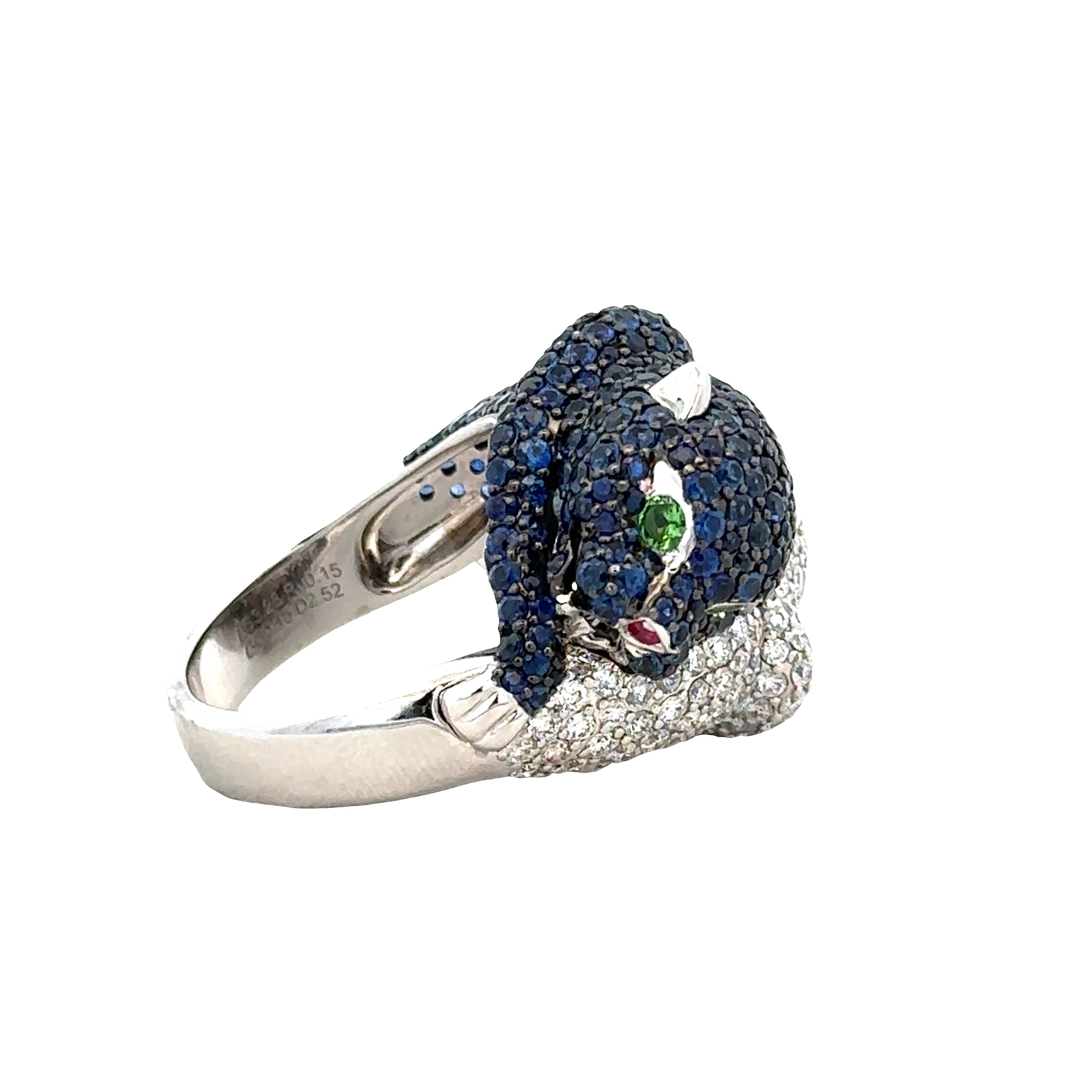 14k White Gold Diamond, Sapphire & Tsavorite Double Panther Bypass Ring – Size 7