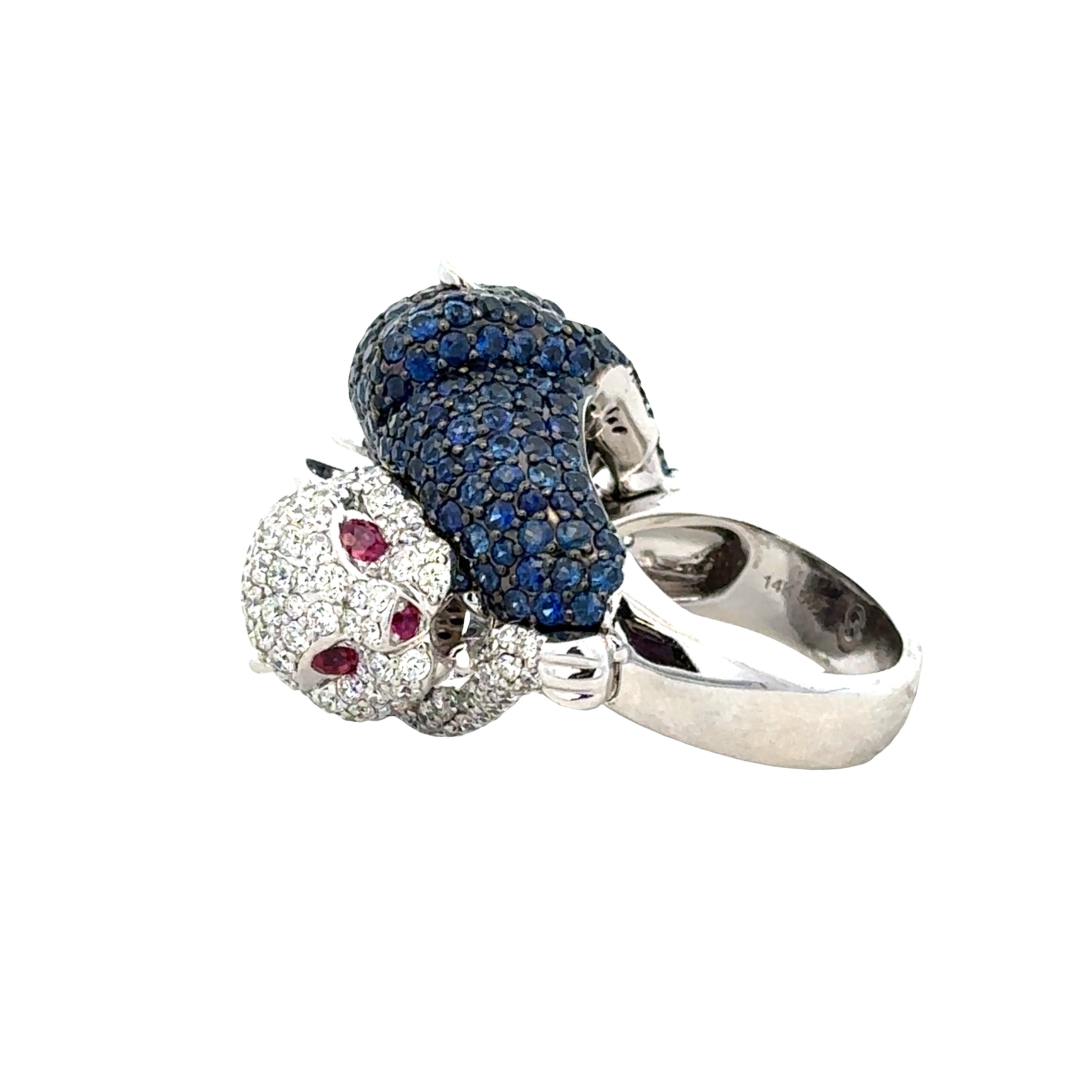14k White Gold Diamond, Sapphire & Tsavorite Double Panther Bypass Ring – Size 7