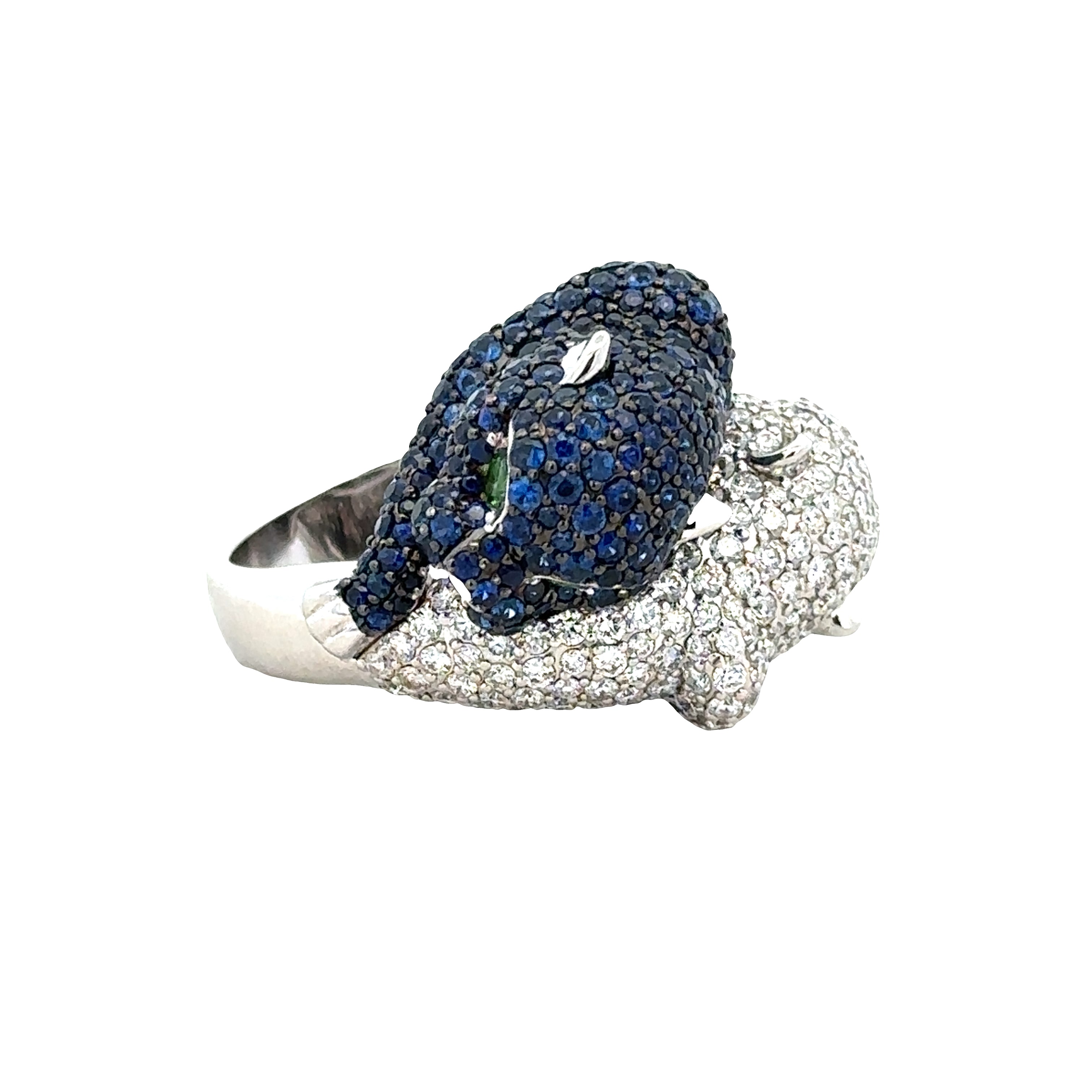 14k White Gold Diamond, Sapphire & Tsavorite Double Panther Bypass Ring – Size 7