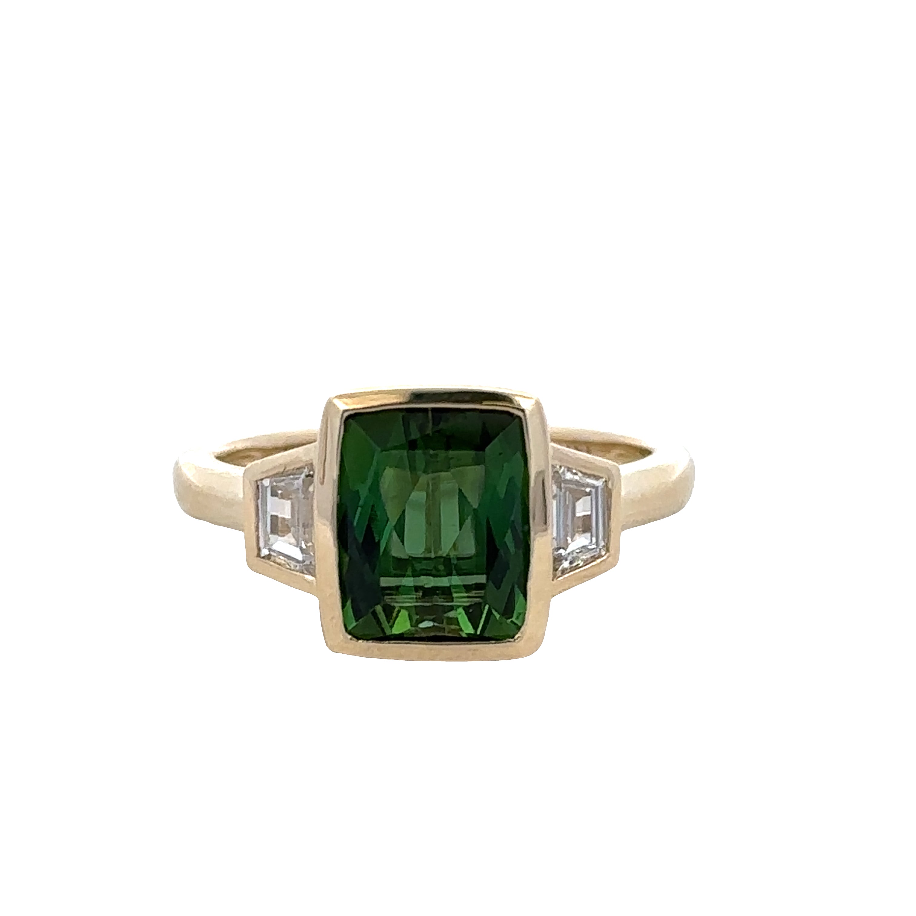 14k Yellow Gold Green Tourmaline & Trapezoid Diamond Ring – Size 6.75
