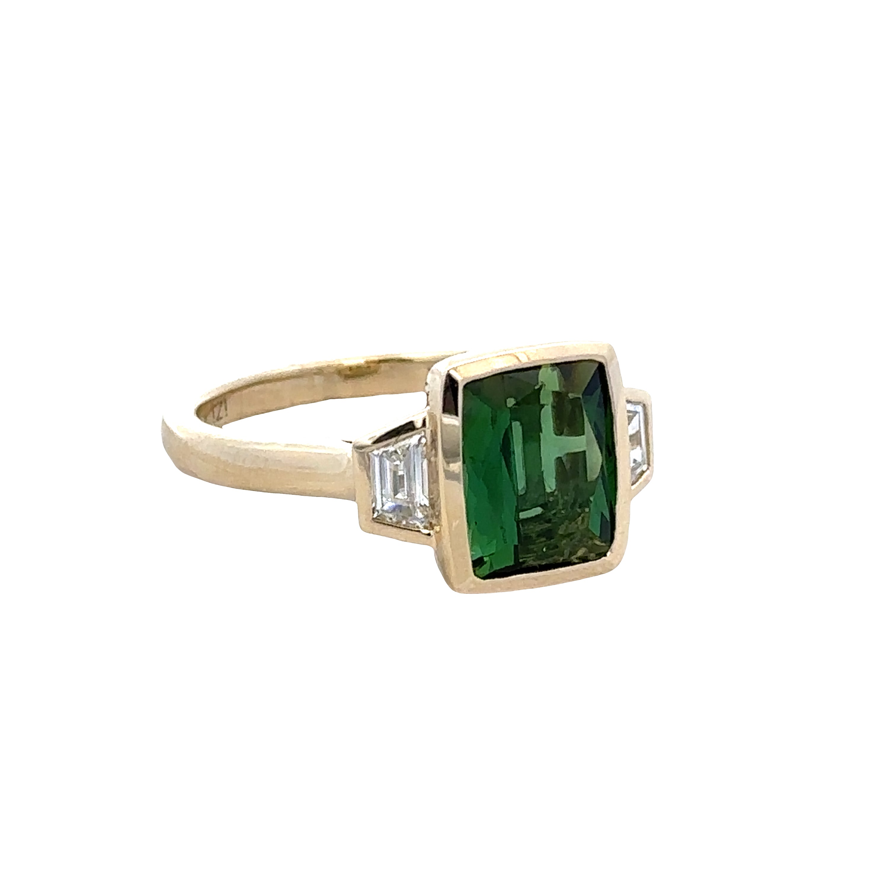 14k Yellow Gold Green Tourmaline & Trapezoid Diamond Ring – Size 6.75