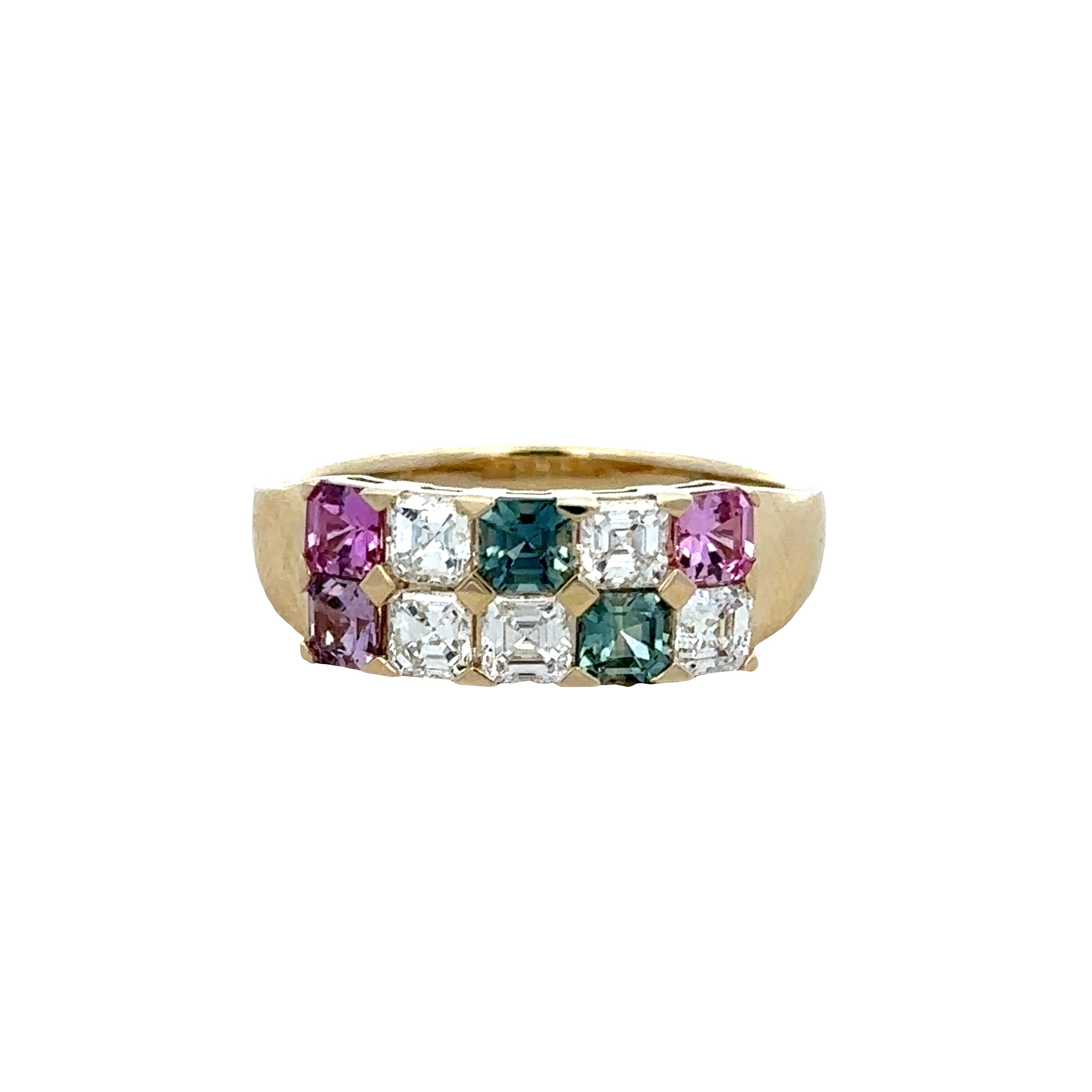 14k Yellow Gold Multi-Color Sapphire & Asscher Cut Diamond Double Row Band – Size 6.5