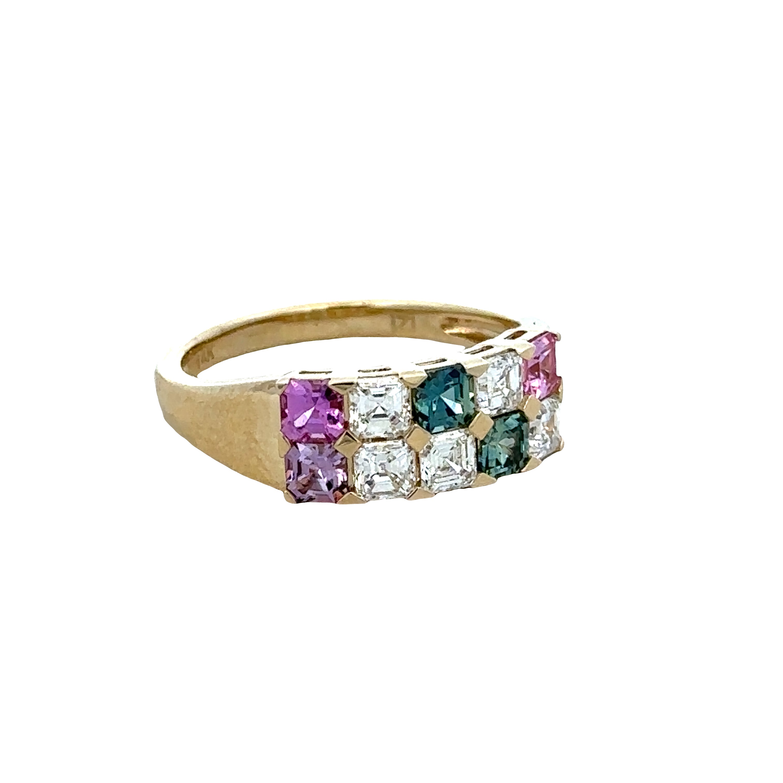 14k Yellow Gold Multi-Color Sapphire & Asscher Cut Diamond Double Row Band – Size 6.5