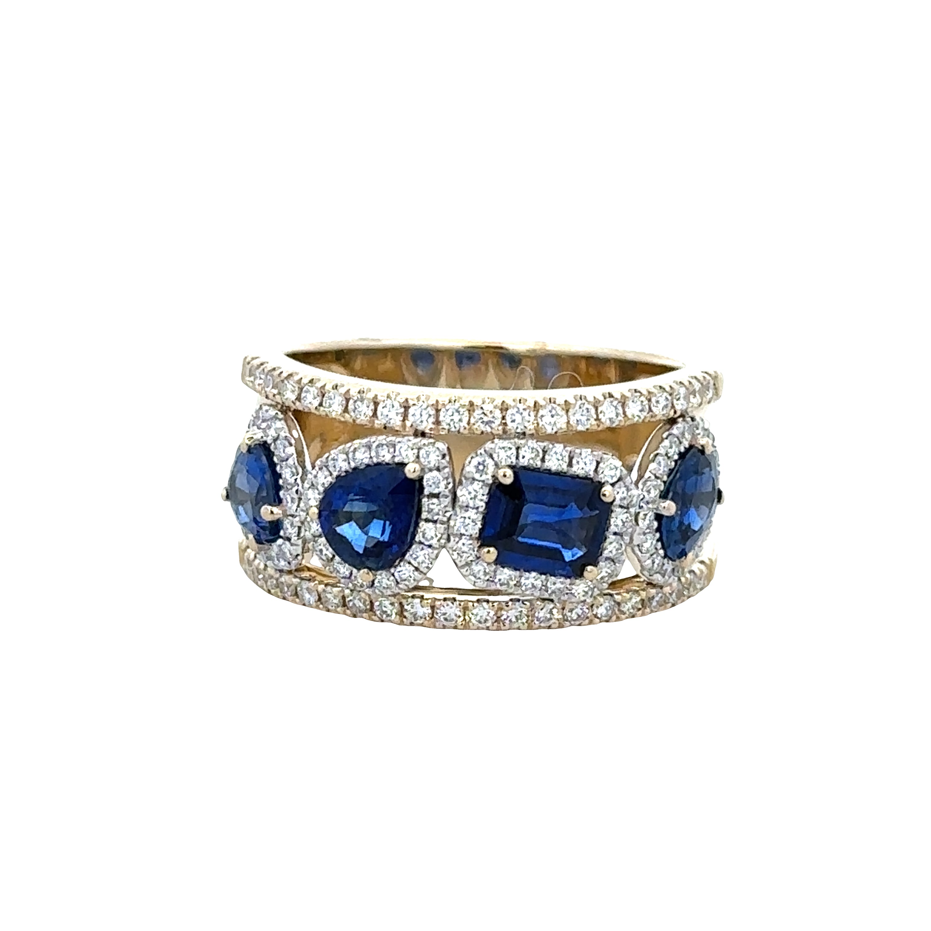 14k Two-Tone Gold Multi-Shape Blue Sapphire & Diamond Openwork Band – Size 6.5