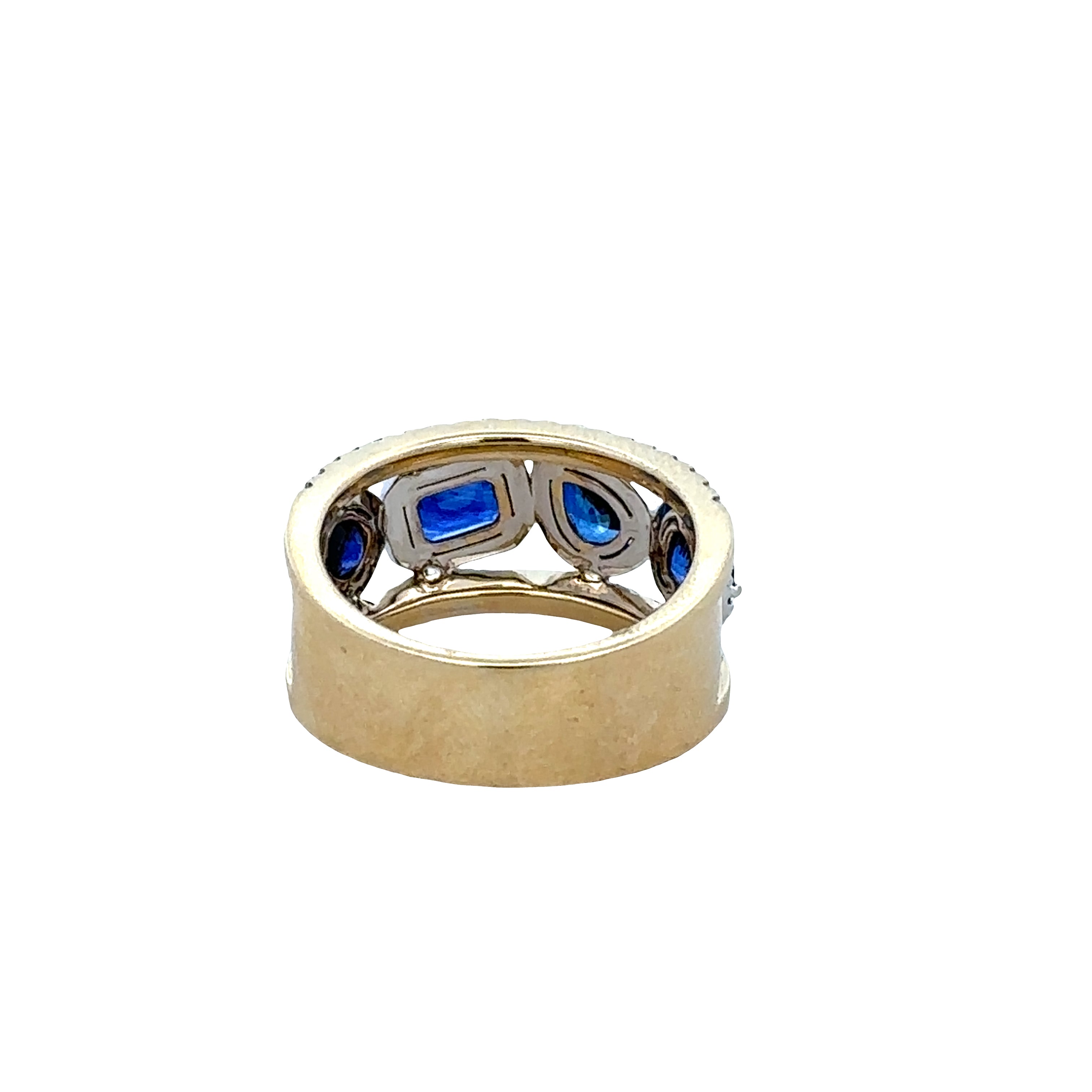 14k Two-Tone Gold Multi-Shape Blue Sapphire & Diamond Openwork Band – Size 6.5