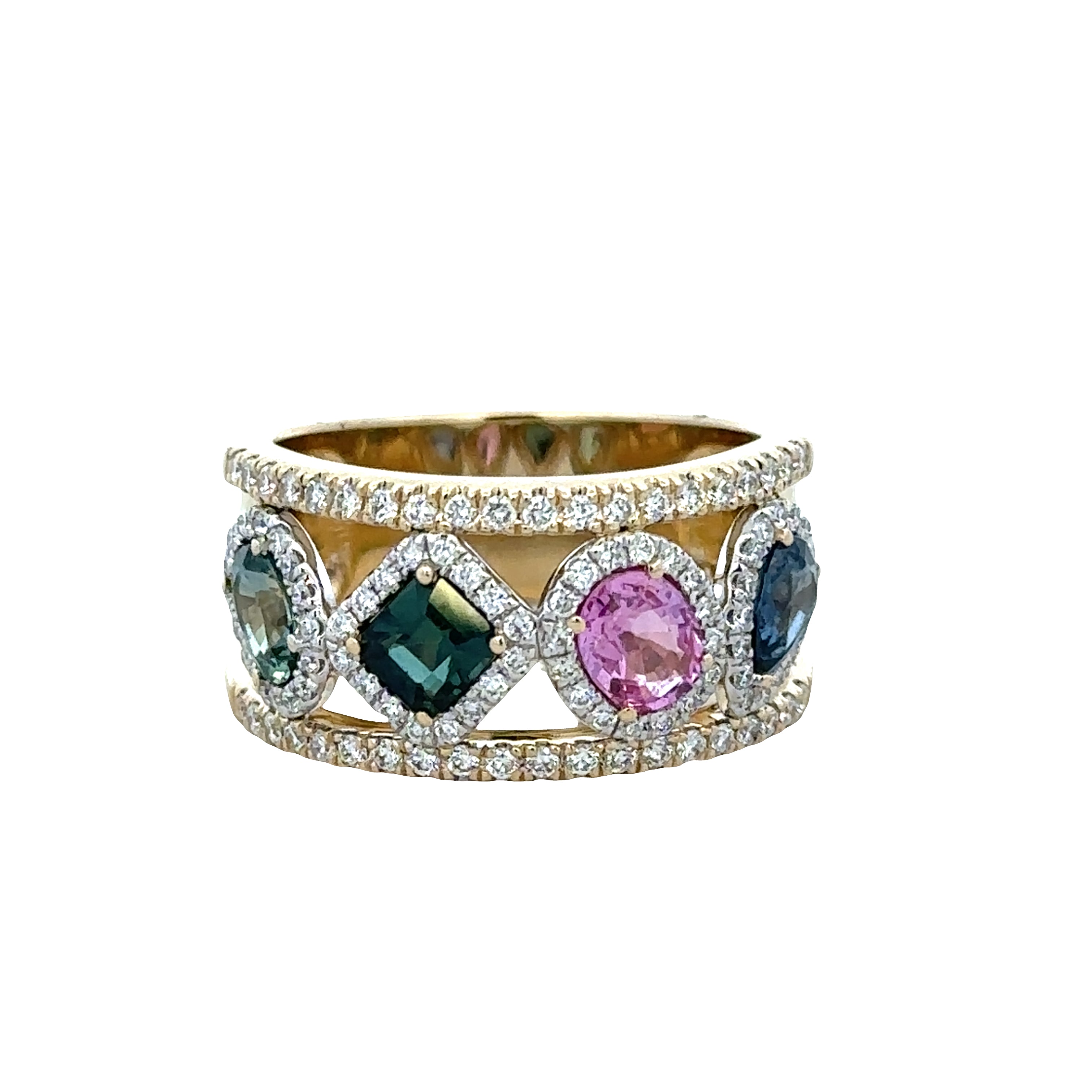 14k Two-Tone Gold Multi-Color Sapphire & Diamond Openwork Band – Size 6.5