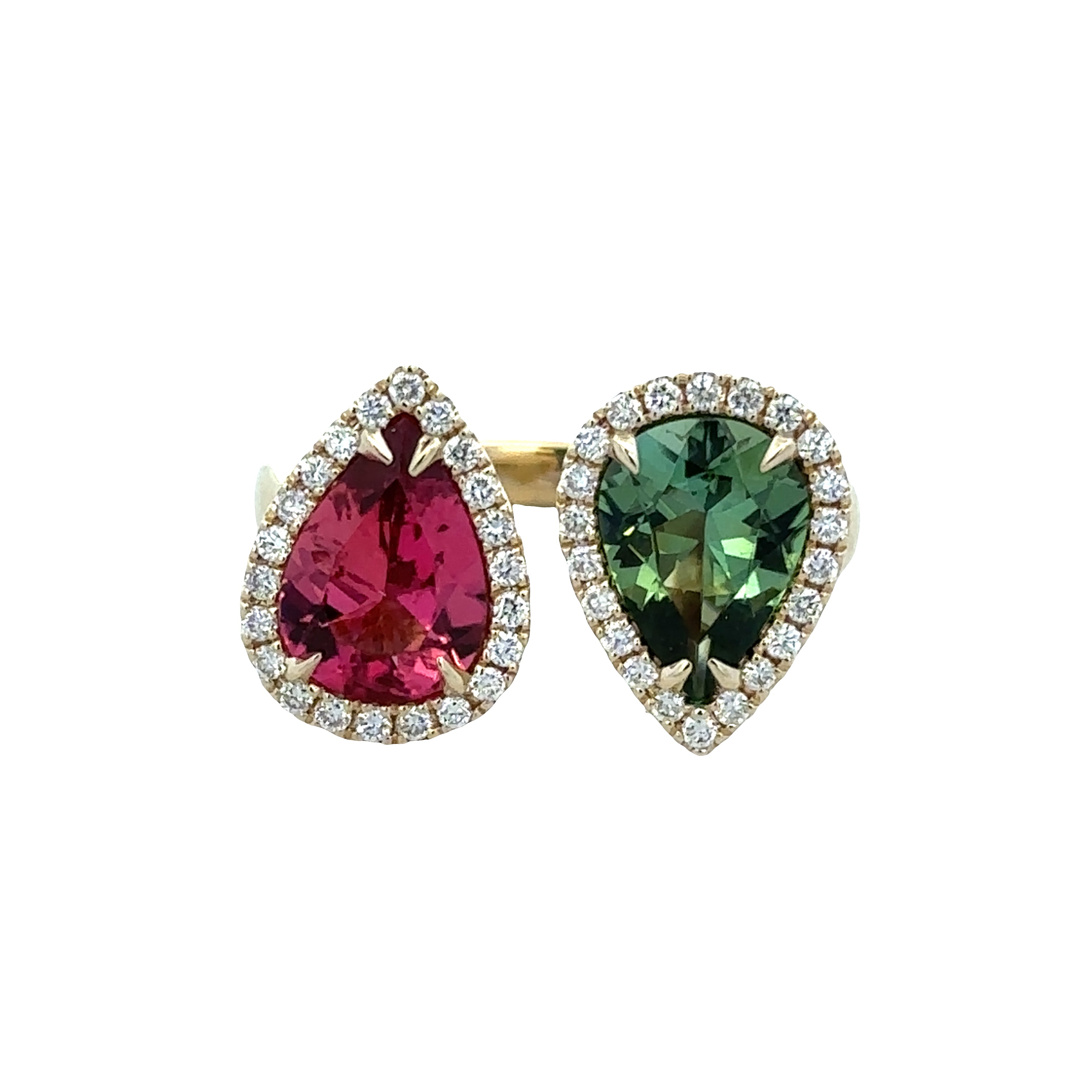 14k Yellow Gold Green & Pink Tourmaline Diamond Bypass Ring – Size 6.5