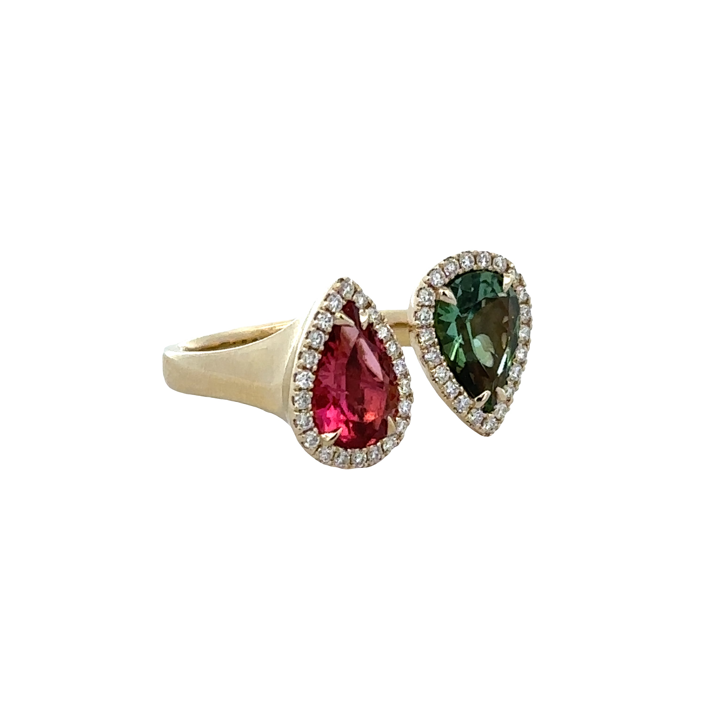 14k Yellow Gold Green & Pink Tourmaline Diamond Bypass Ring – Size 6.5