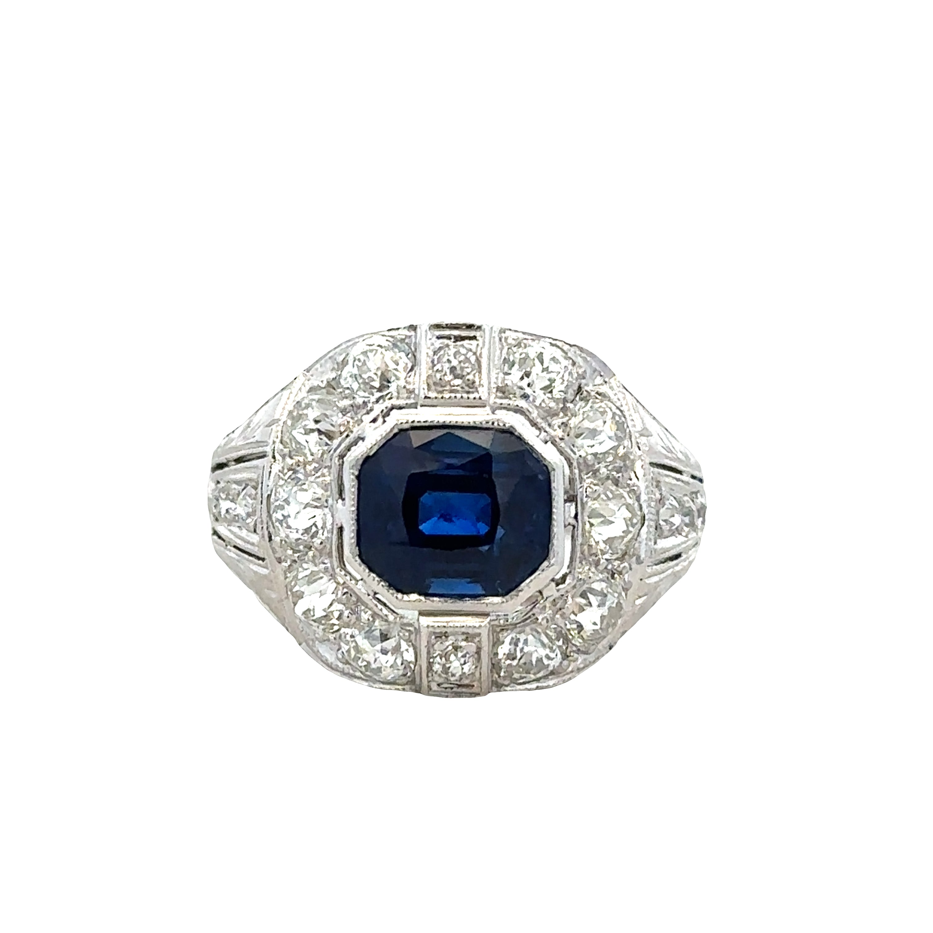 Vintage Art Deco 14k White Gold Cambodian Sapphire & Old European Cut Diamond Ring – GIA – Size 5.5