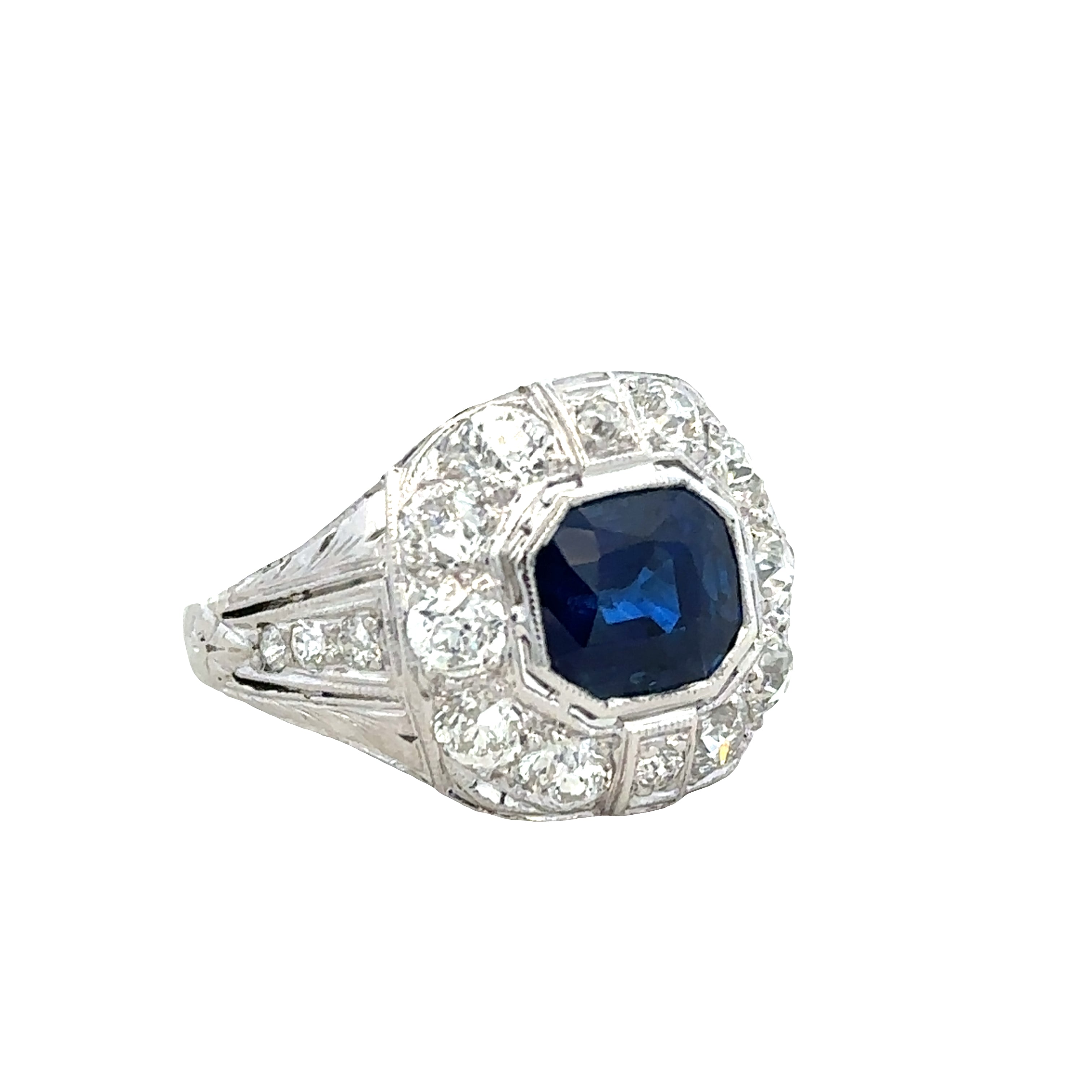 Vintage Art Deco 14k White Gold Cambodian Sapphire & Old European Cut Diamond Ring – GIA – Size 5.5