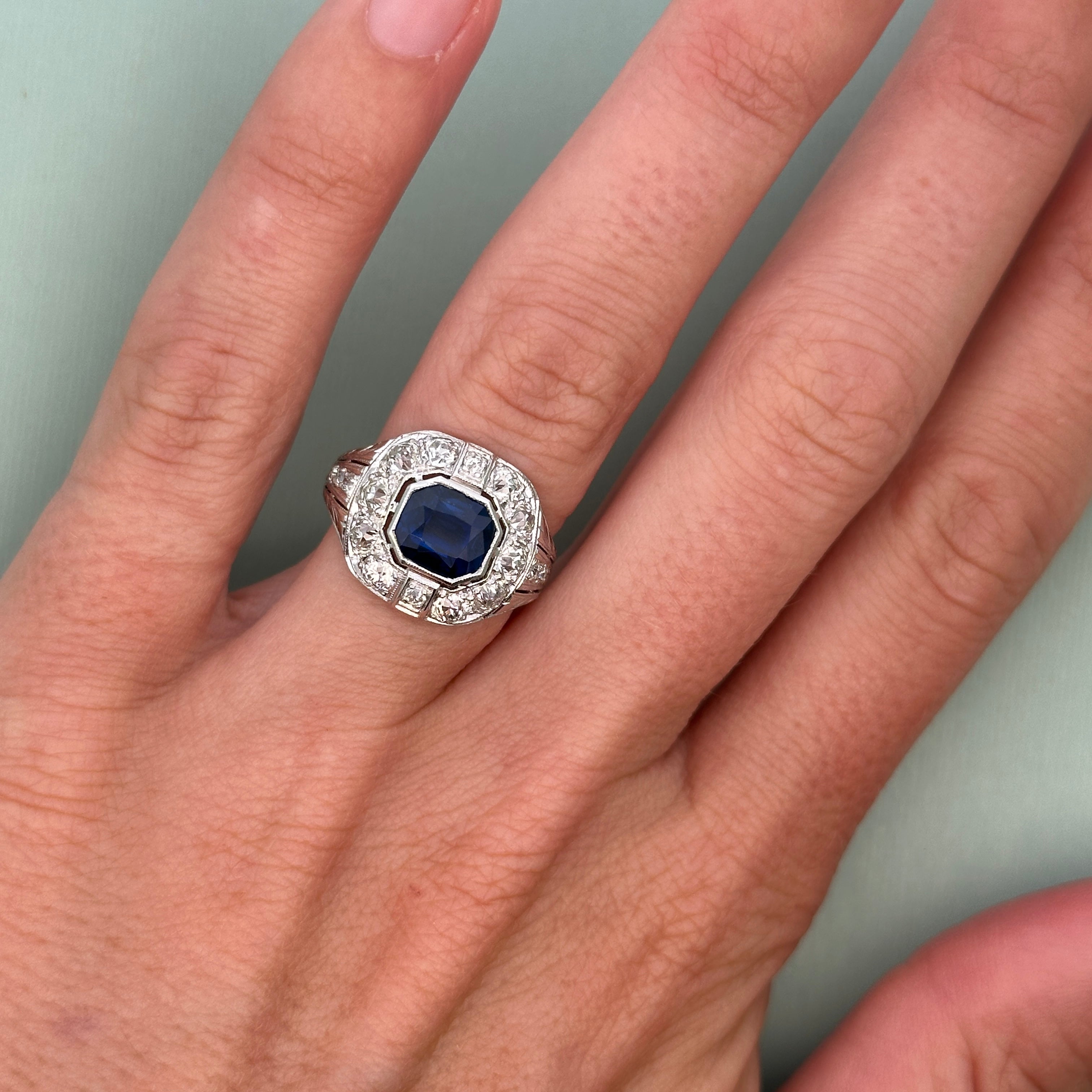 Vintage Art Deco 14k White Gold Cambodian Sapphire & Old European Cut Diamond Ring – GIA – Size 5.5